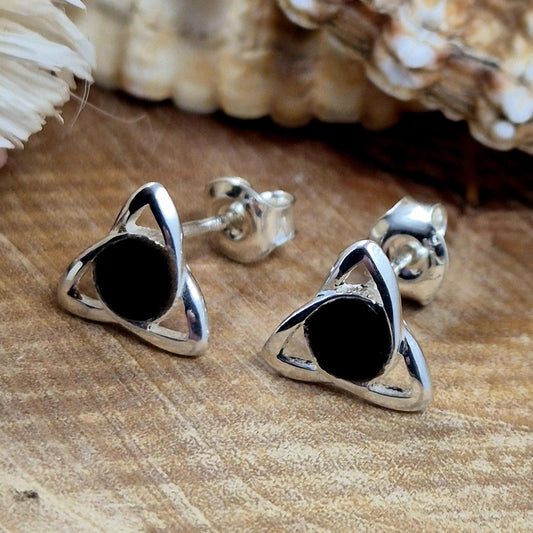 Whitby Jet Celtic Stud Earrings: Sterling Silver Jones Stones