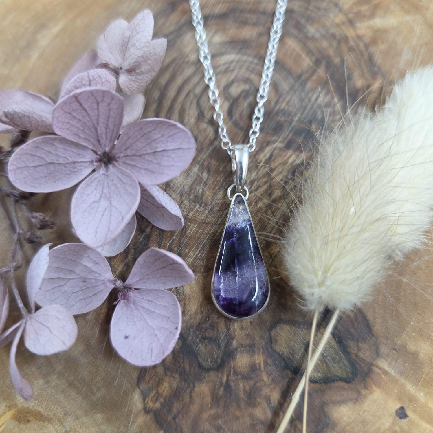 Teardrop Blue John Pendant: Sterling Silver Derbyshire Fluorite Necklace Jones Stones