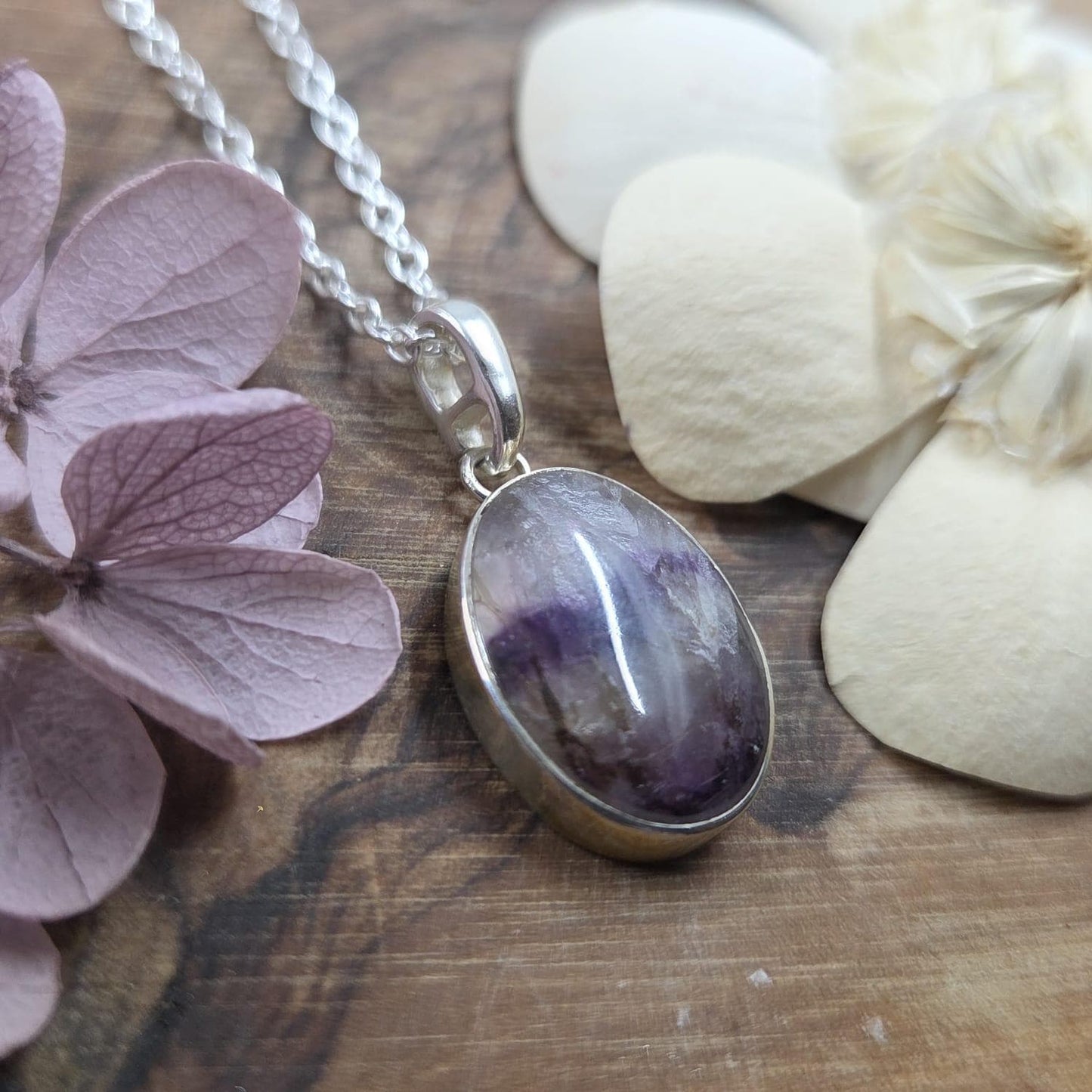 Blue John Pendant: Oval Sterling Silver Necklace, Derbyshire Spar Jones Stones