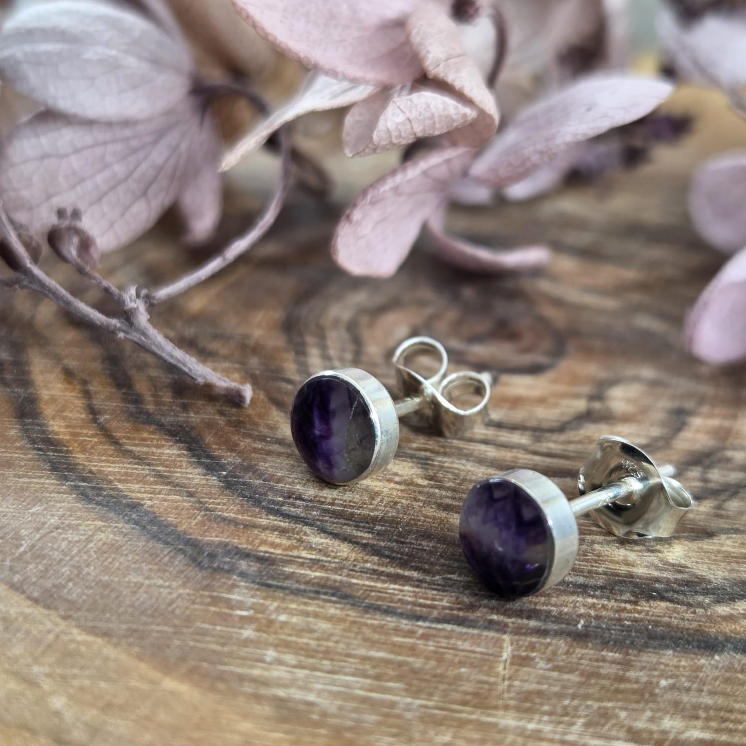 Blue John Stud Earrings: Sterling Silver, Derbyshire Spar (5mm) Jones Stones