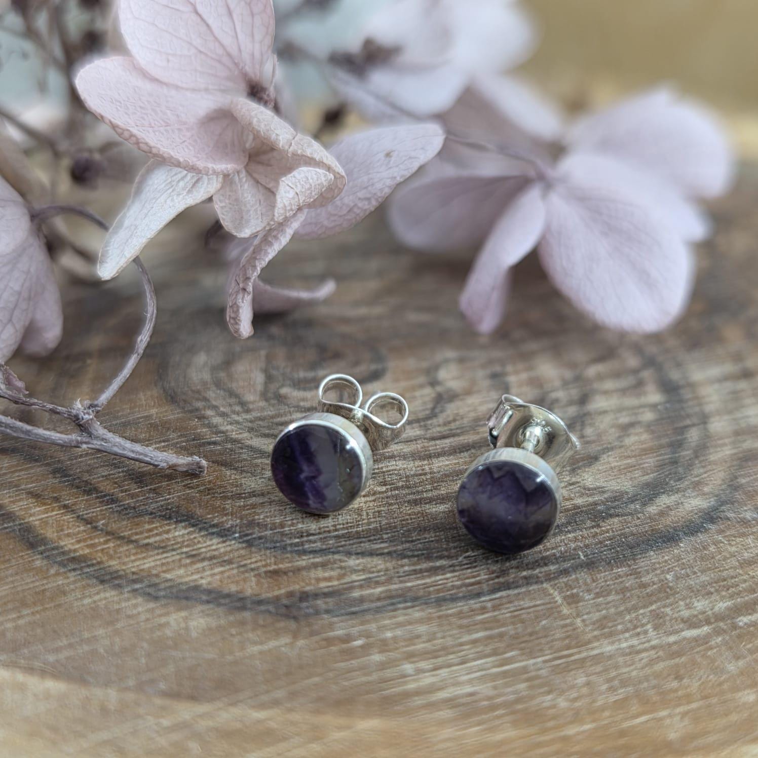 Blue John Stud Earrings: Sterling Silver, Derbyshire Spar (5mm) Jones Stones