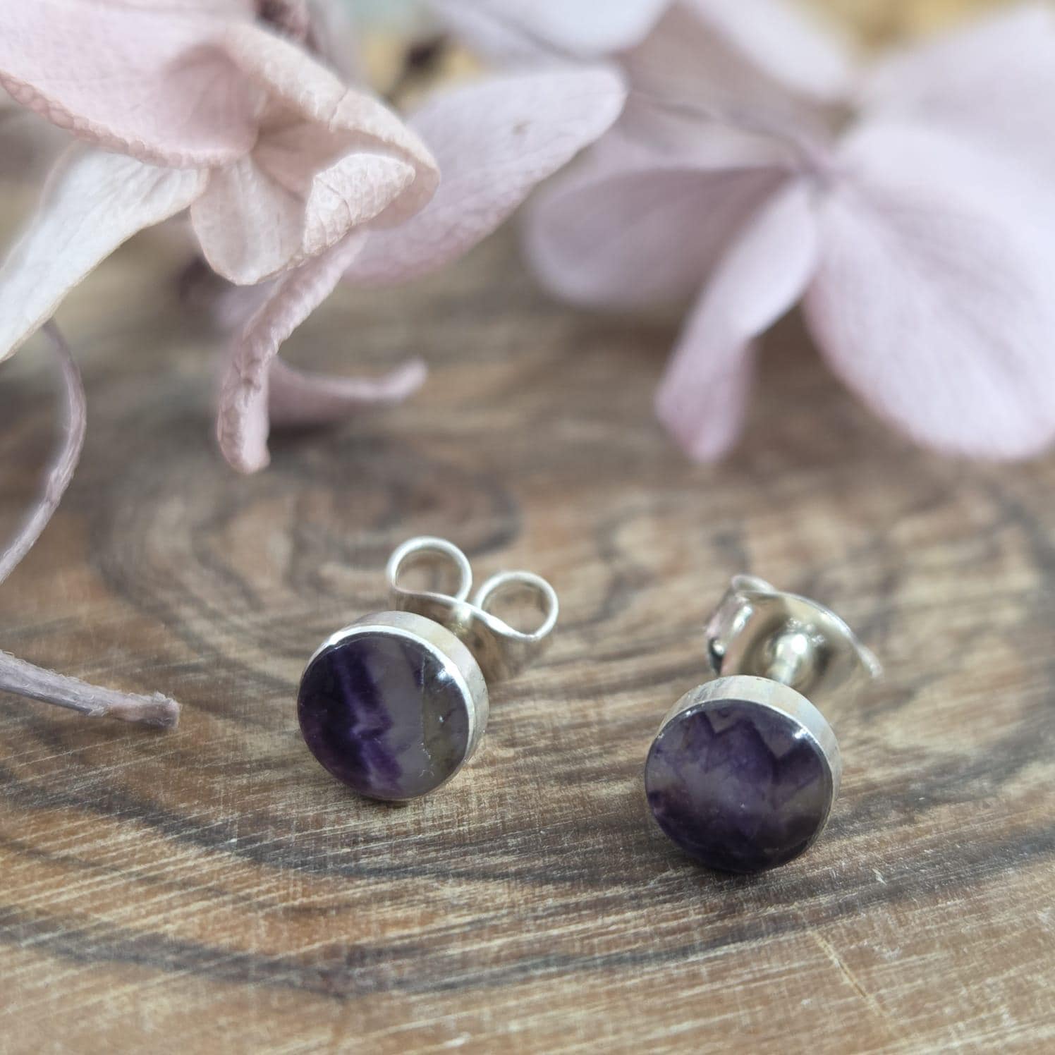 Blue John Stud Earrings: Sterling Silver, Derbyshire Spar (5mm) Jones Stones