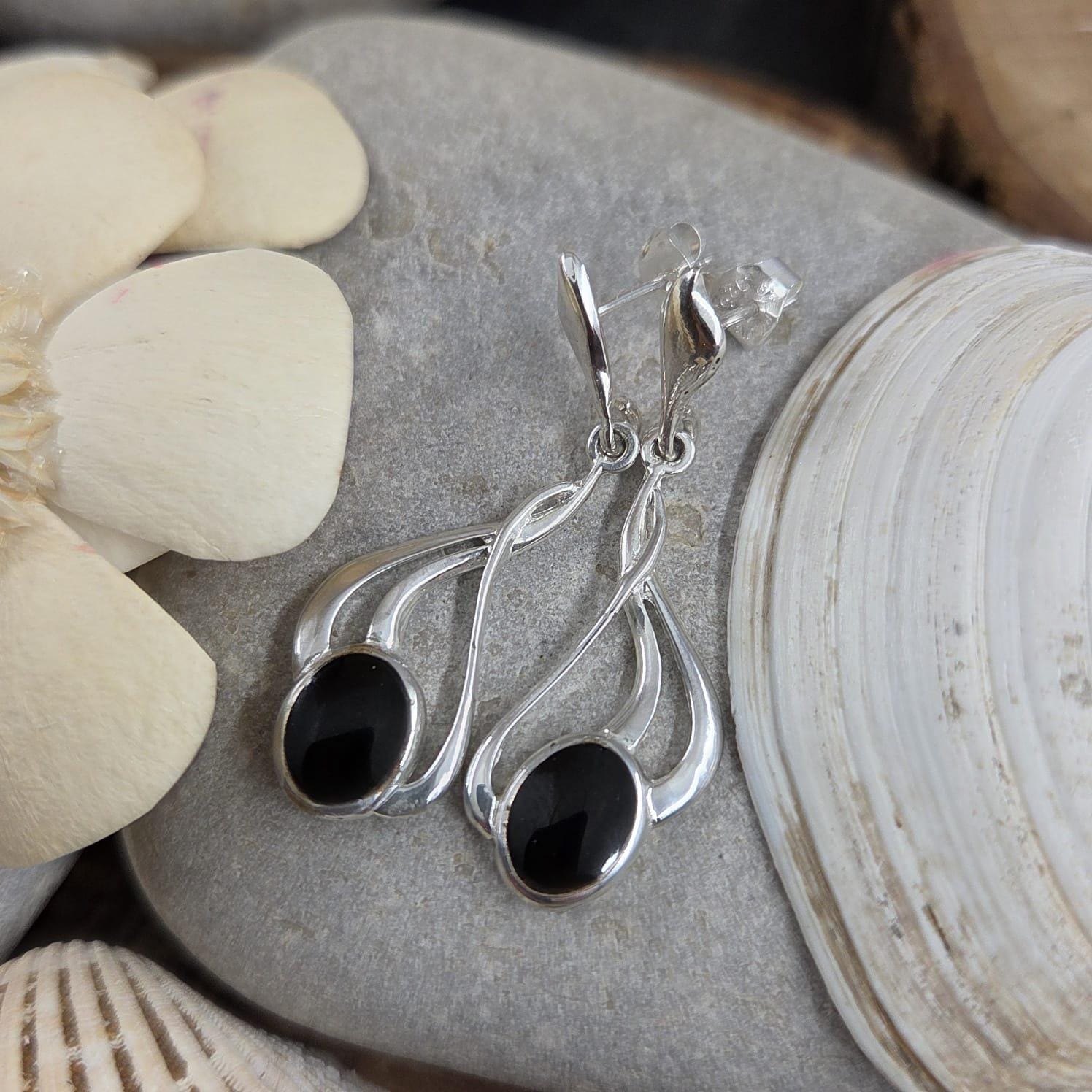 Handmade Whitby Jet Sterling Silver Drop Earrings Jones Stones