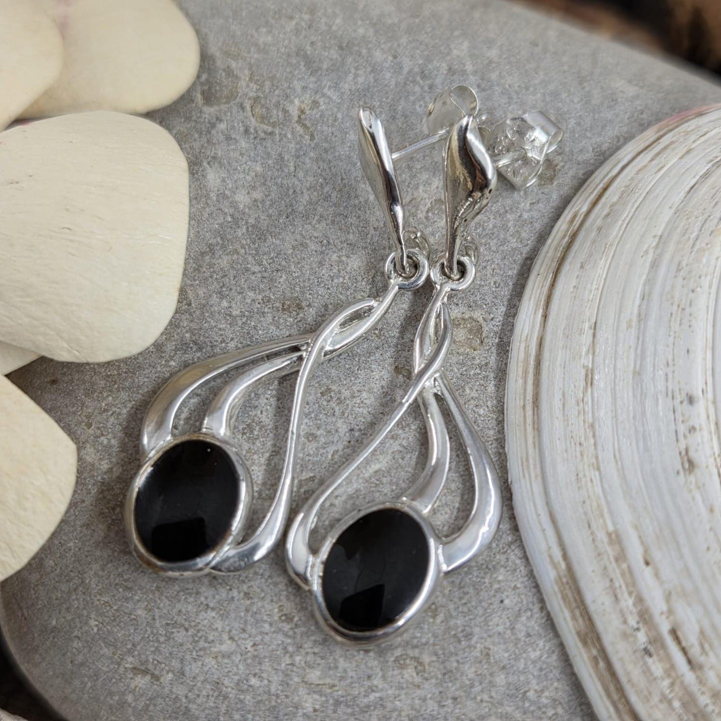 Handmade Whitby Jet Sterling Silver Drop Earrings Jones Stones