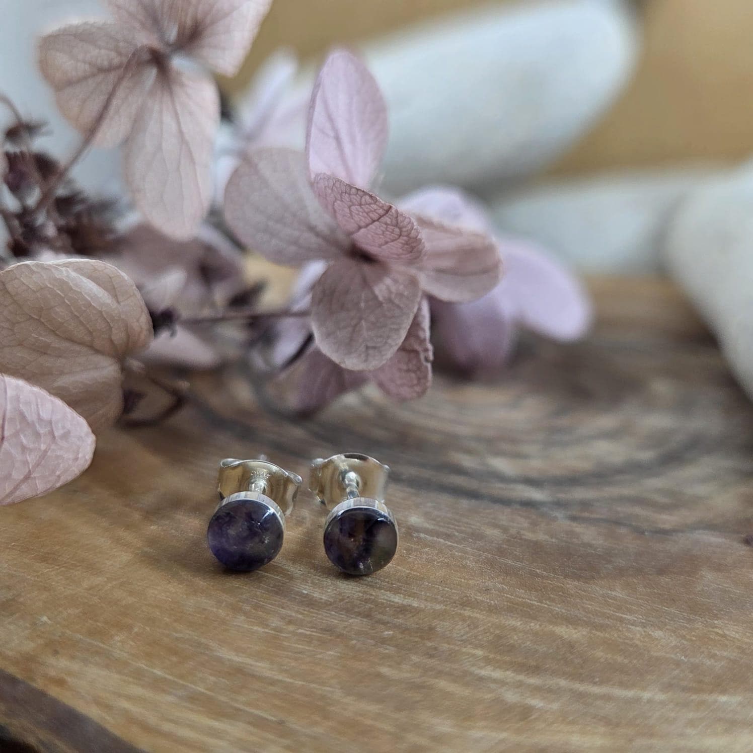 Blue John Stud Earrings: Handmade Sterling Silver Derbyshire Spar Jones Stones