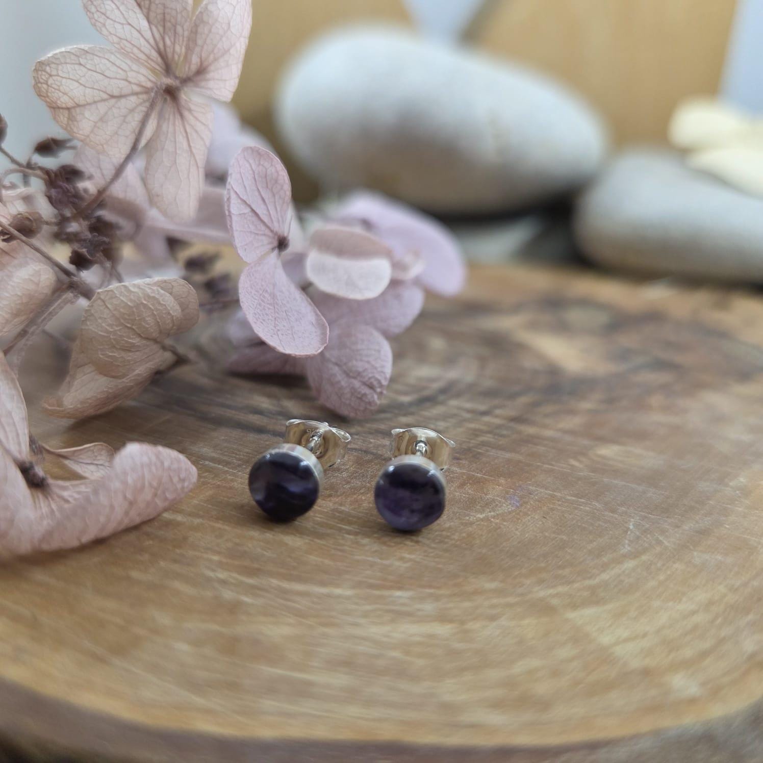 Blue John Stud Earrings: Handmade Sterling Silver Derbyshire Spar Jones Stones
