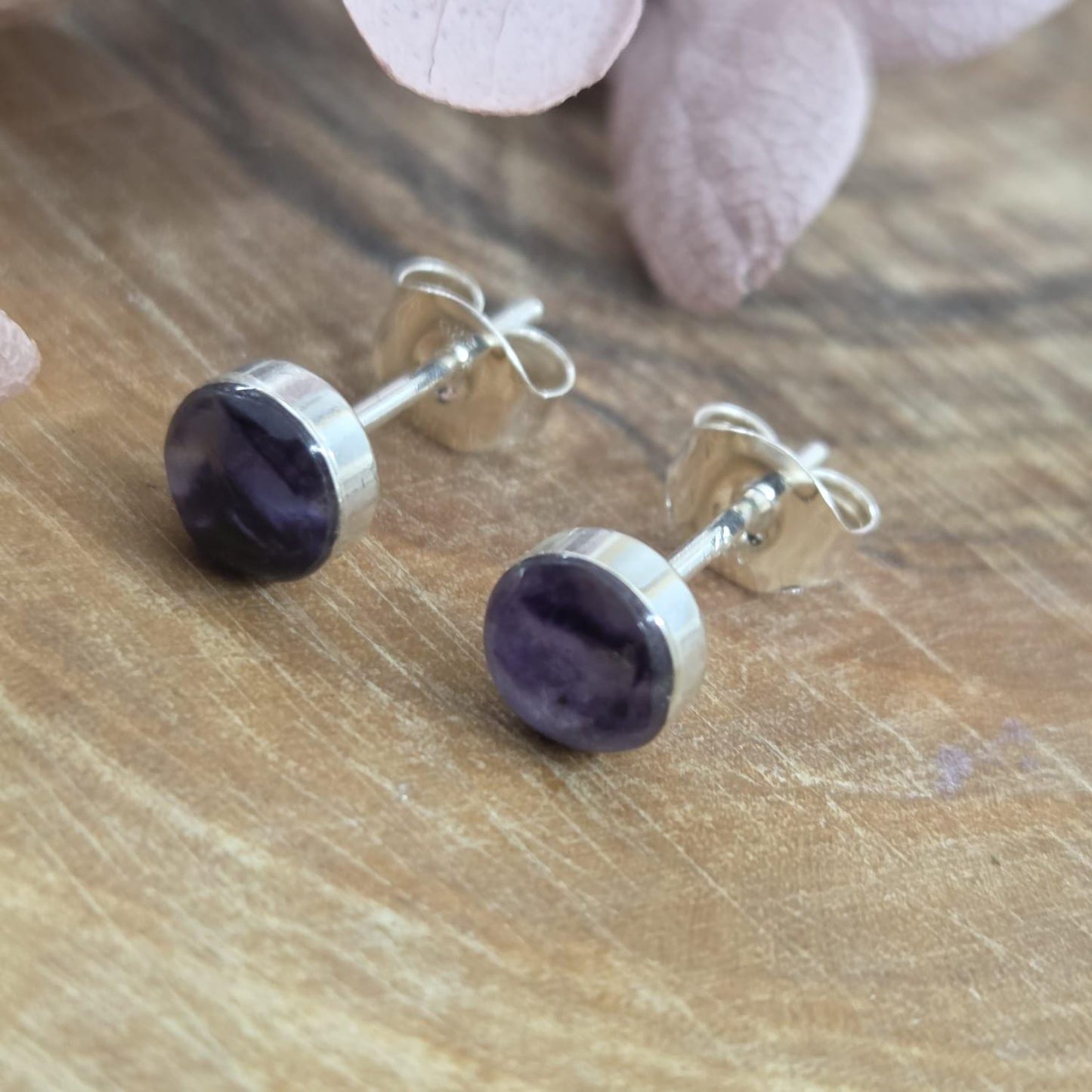 Blue John Stud Earrings: Handmade Sterling Silver Derbyshire Spar Jones Stones