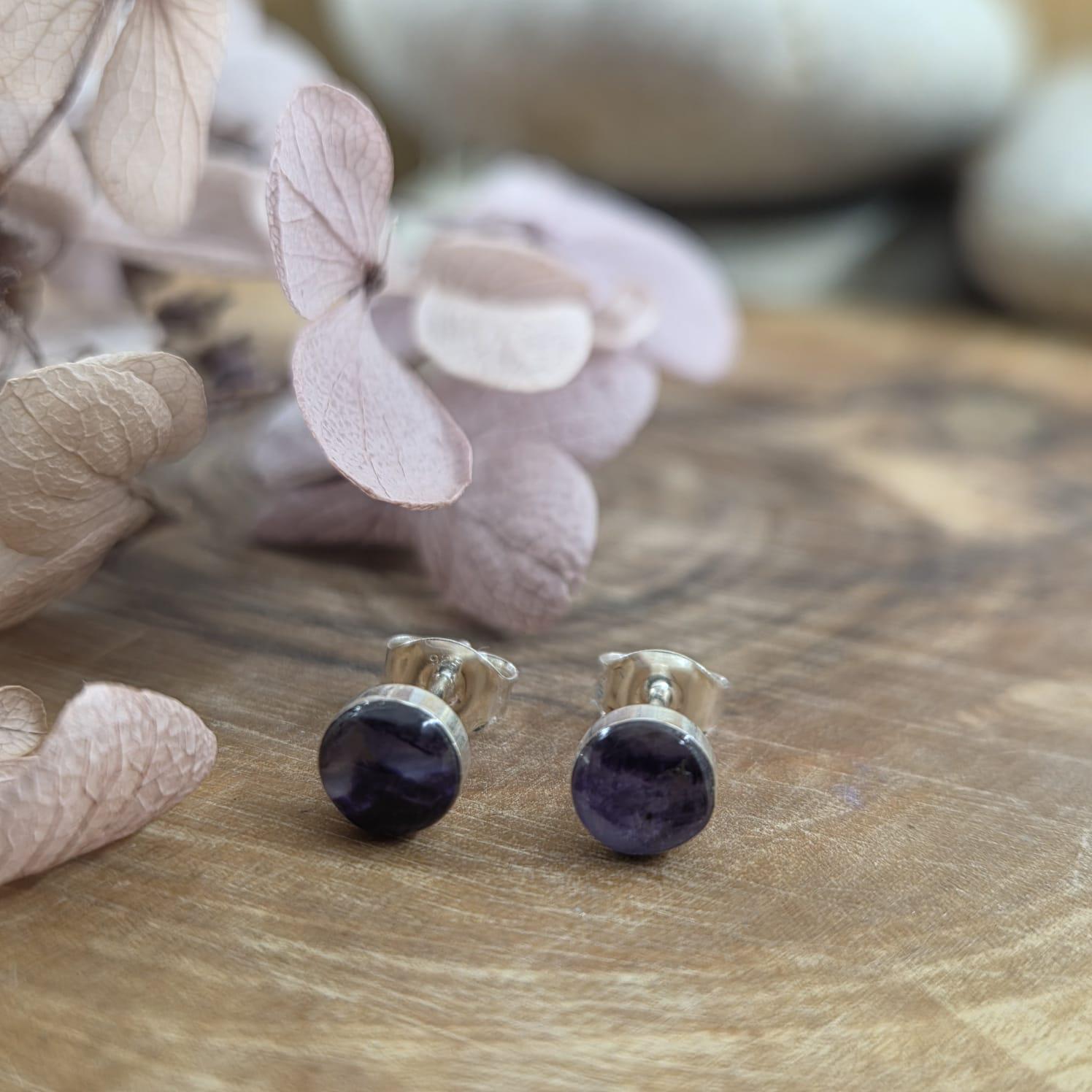 Blue John Stud Earrings: Handmade Sterling Silver Derbyshire Spar Jones Stones