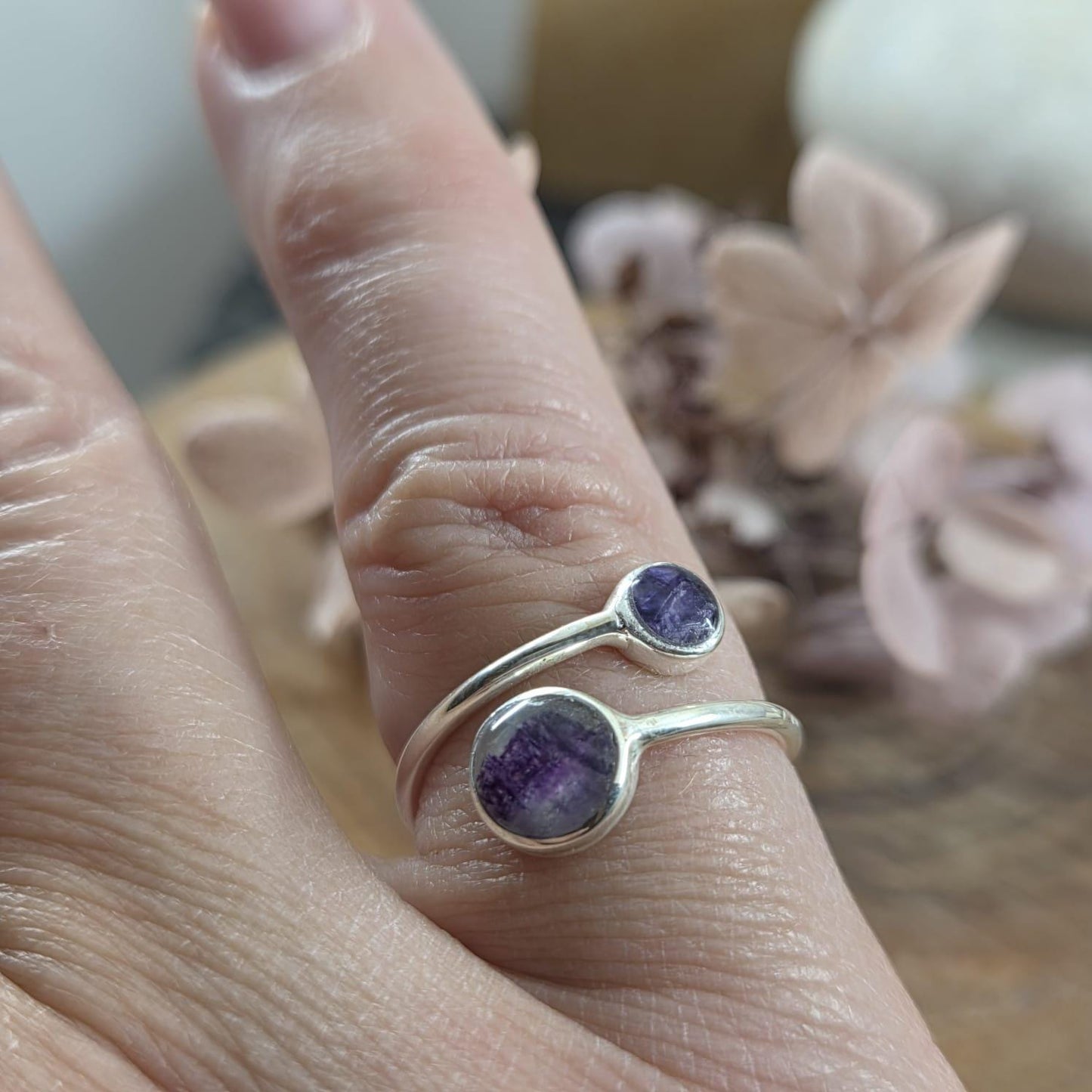 Sterling Silver Blue John Adjustable Ring: 6mm & 4mm Stones Jones Stones