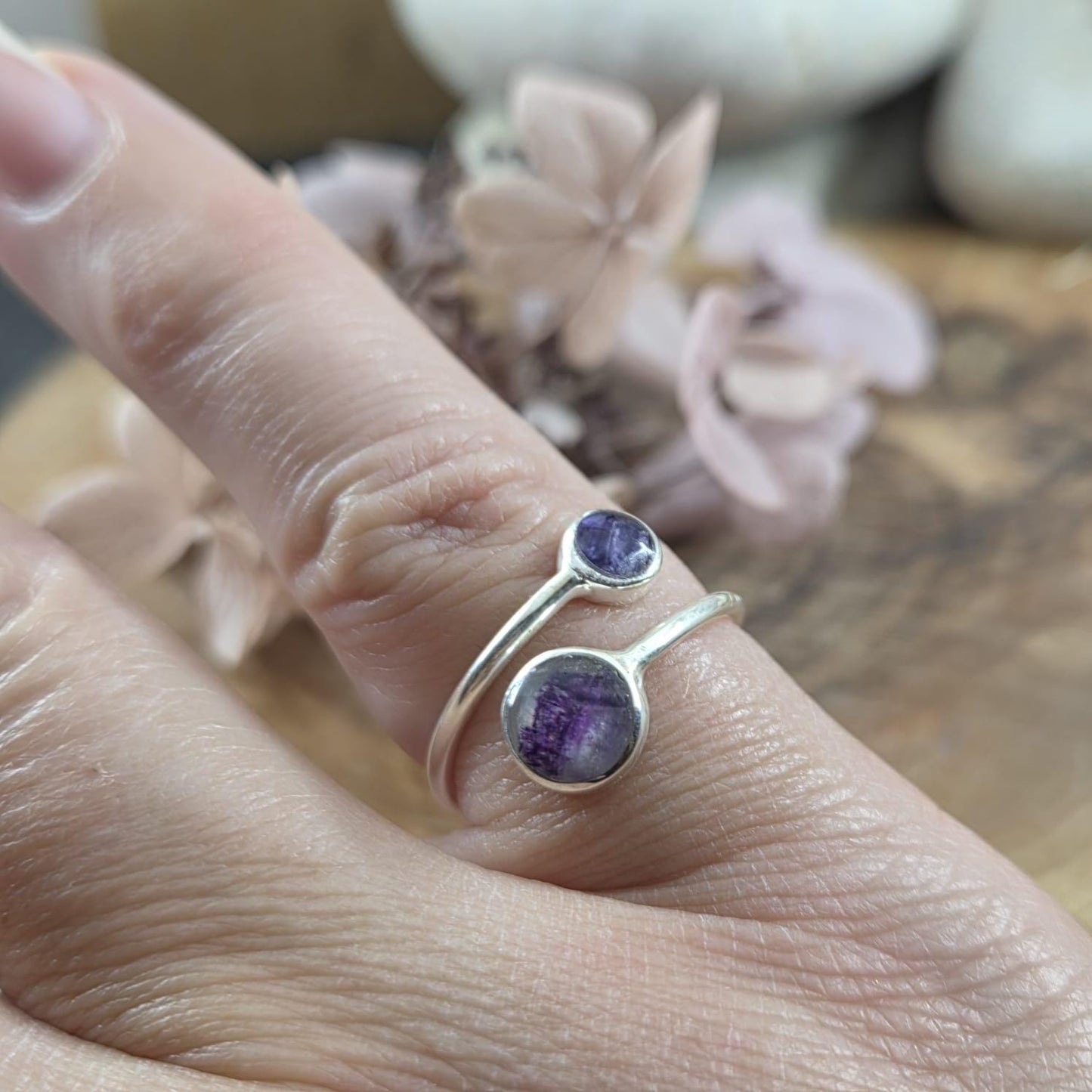 Sterling Silver Blue John Adjustable Ring: 6mm & 4mm Stones Jones Stones