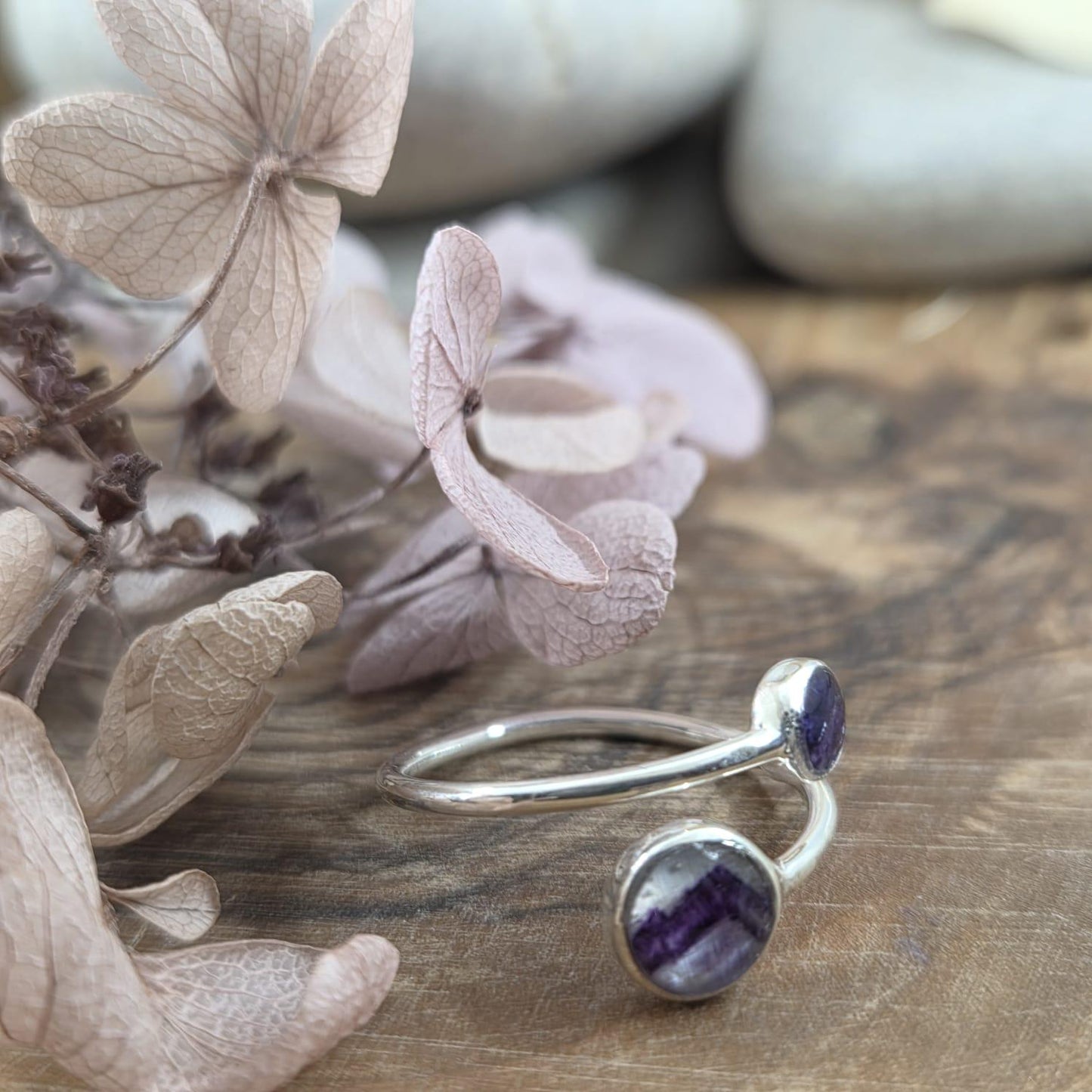 Sterling Silver Blue John Adjustable Ring: 6mm & 4mm Stones Jones Stones