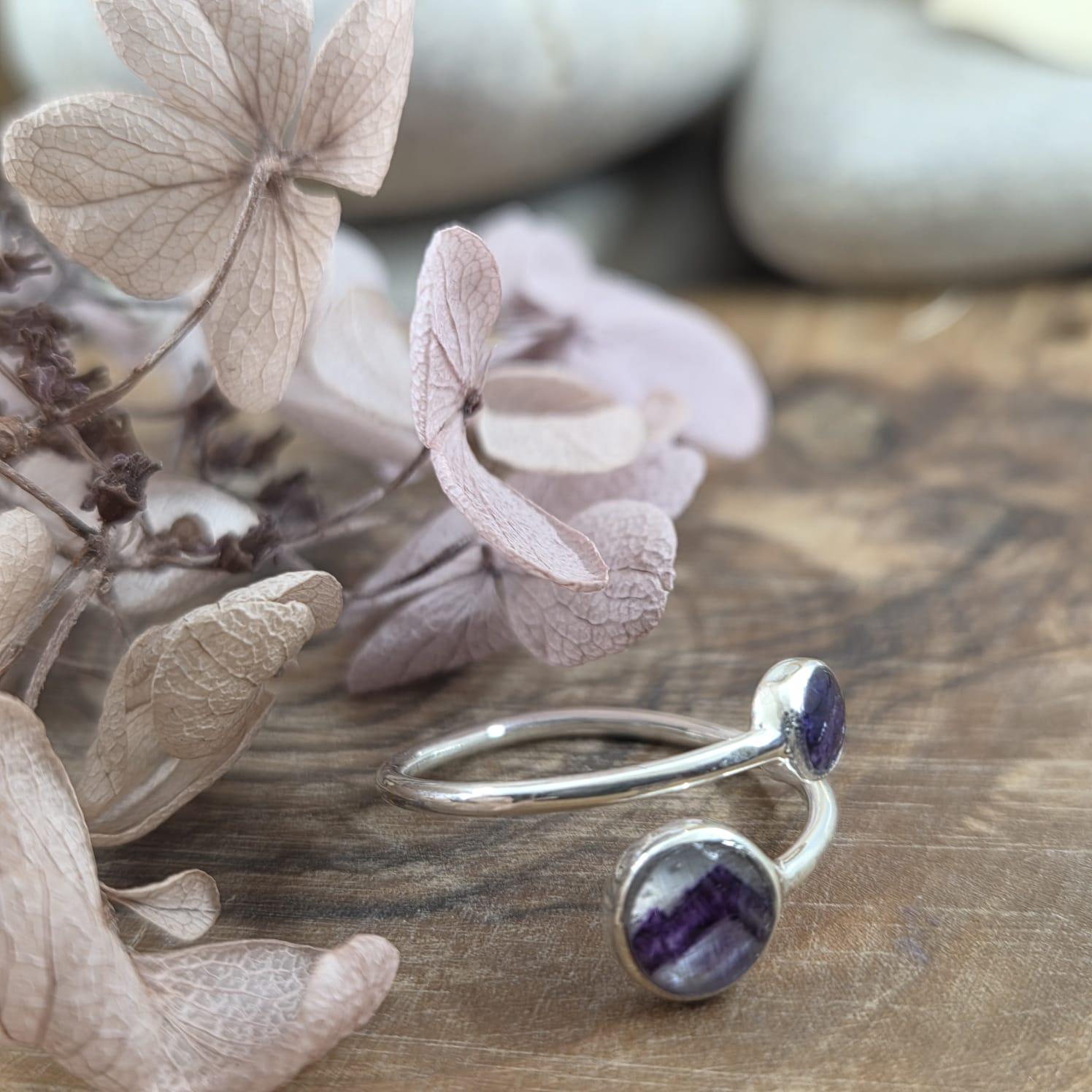 Sterling Silver Blue John Adjustable Ring: 6mm & 4mm Stones Jones Stones