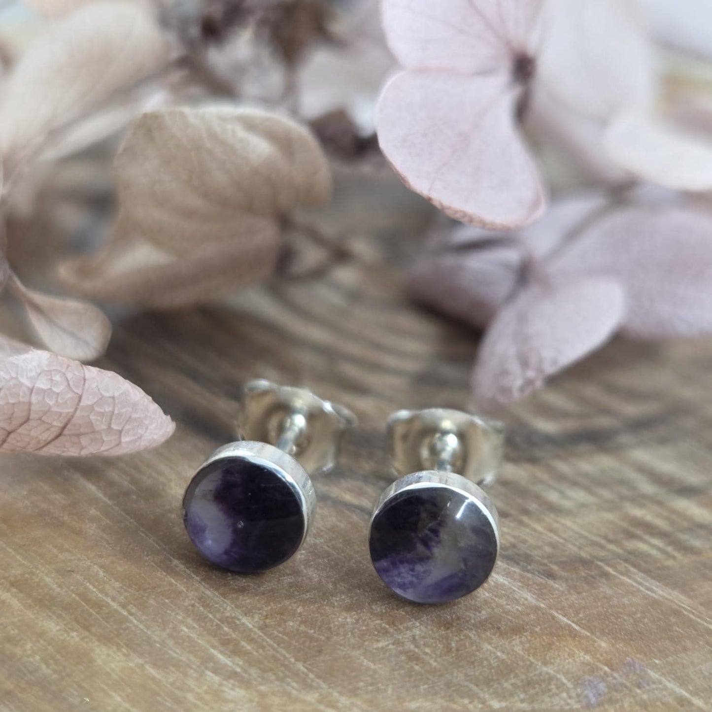 Blue John Stud Earrings: Handmade Sterling Silver Derbyshire Spar Jones Stones