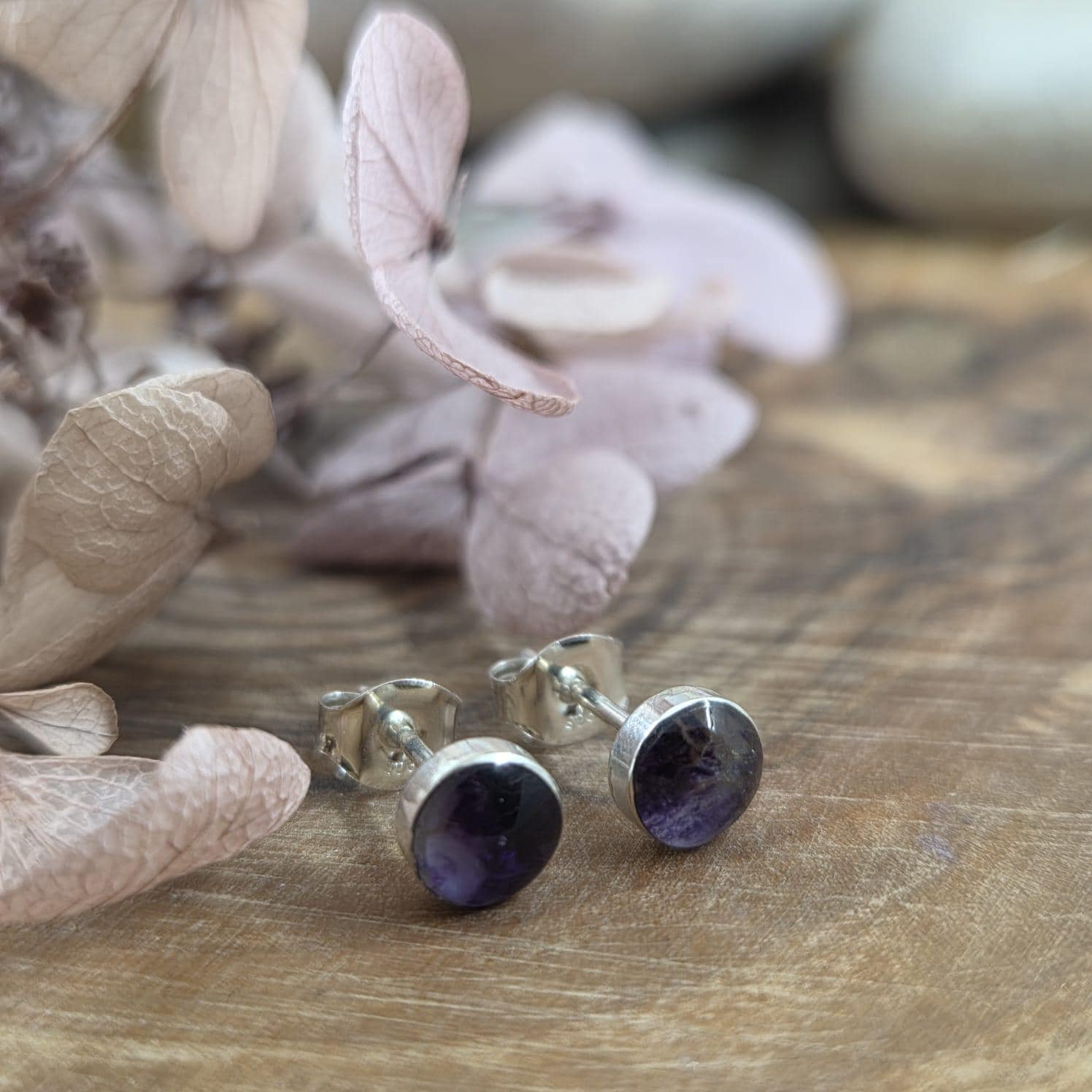 Blue John Stud Earrings: Handmade Sterling Silver Derbyshire Spar Jones Stones