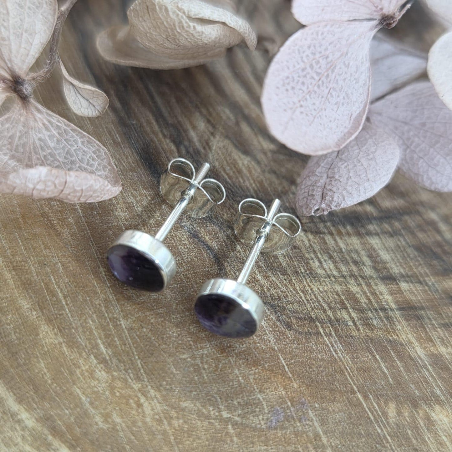 Blue John Stud Earrings: Handmade Sterling Silver Derbyshire Spar Jones Stones