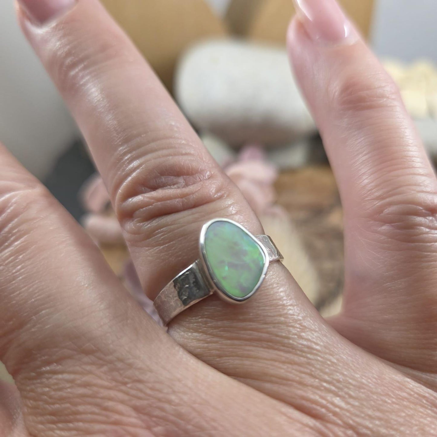 Handmade Australian Opal Ring: Sterling Silver, Size T Jones Stones