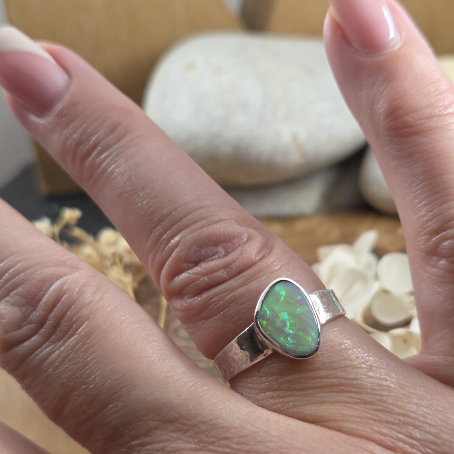 Handmade Australian Opal Ring: Sterling Silver, Size T Jones Stones