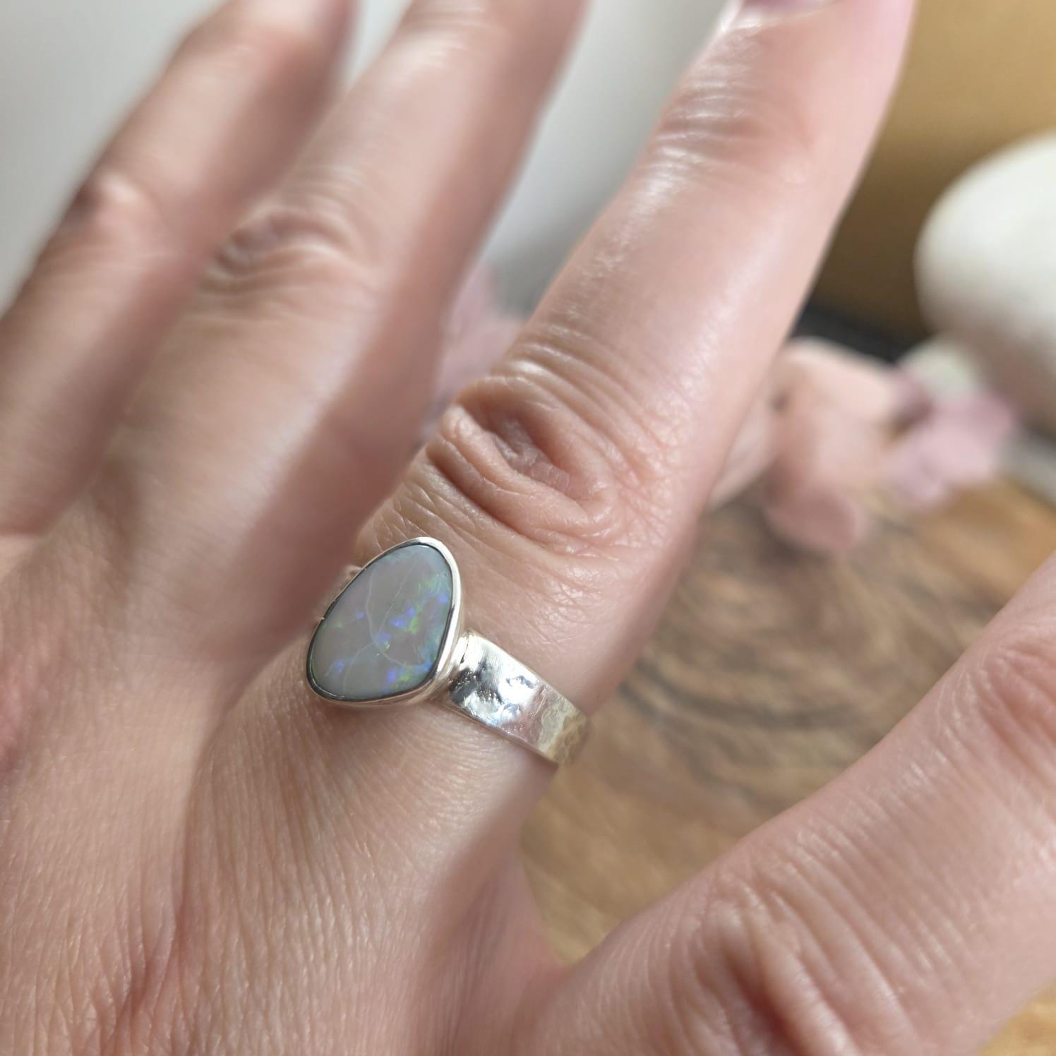 Handmade Australian Opal Ring: Sterling Silver, Size T Jones Stones
