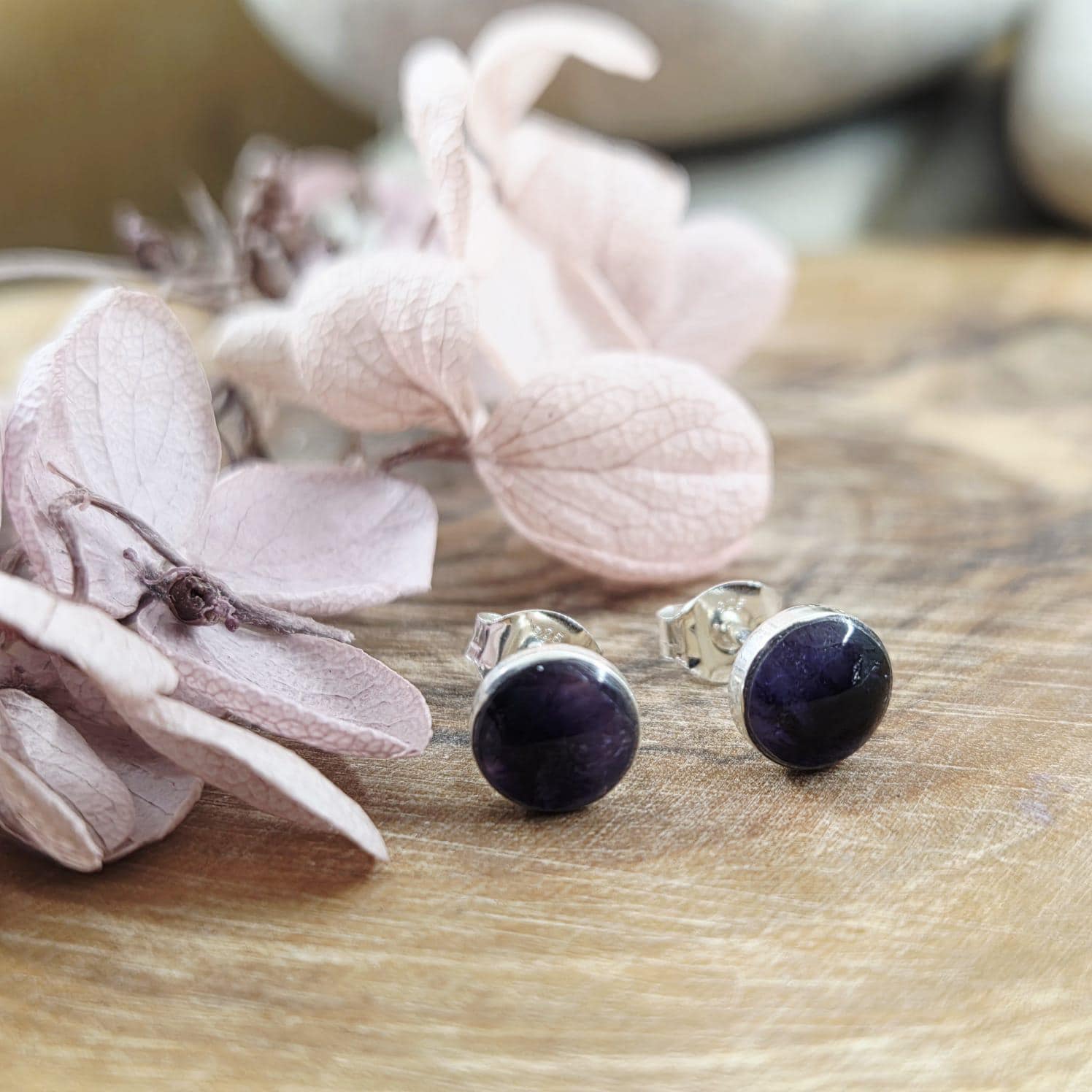 Handmade Blue John Stud Earrings: Sterling Silver, Derbyshire Stone Jones Stones
