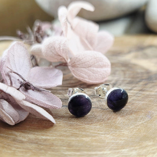 Handmade Blue John Stud Earrings: Sterling Silver, Derbyshire Stone Jones Stones