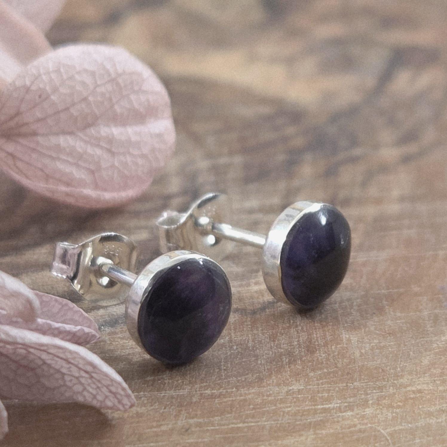 Handmade Blue John Stud Earrings: Sterling Silver, Derbyshire Stone Jones Stones