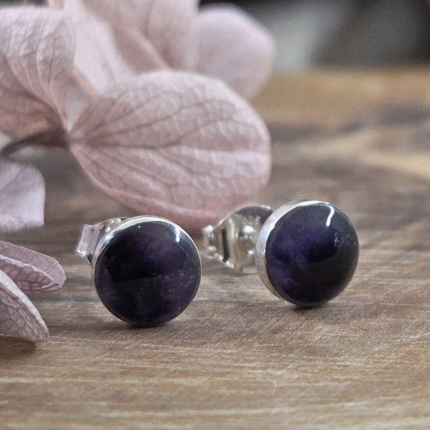 Handmade Blue John Stud Earrings: Sterling Silver, Derbyshire Stone Jones Stones