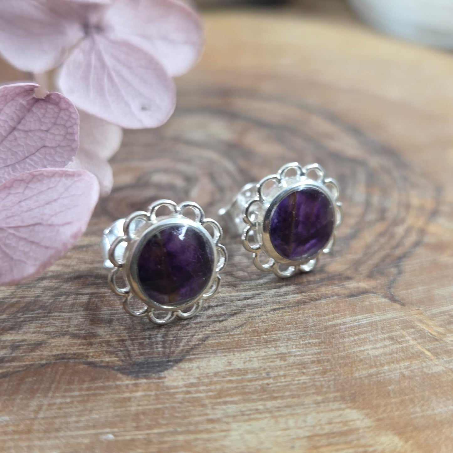 Blue John Stud Earrings: Sterling Silver, Handmade Derbyshire Jewellery Jones Stones