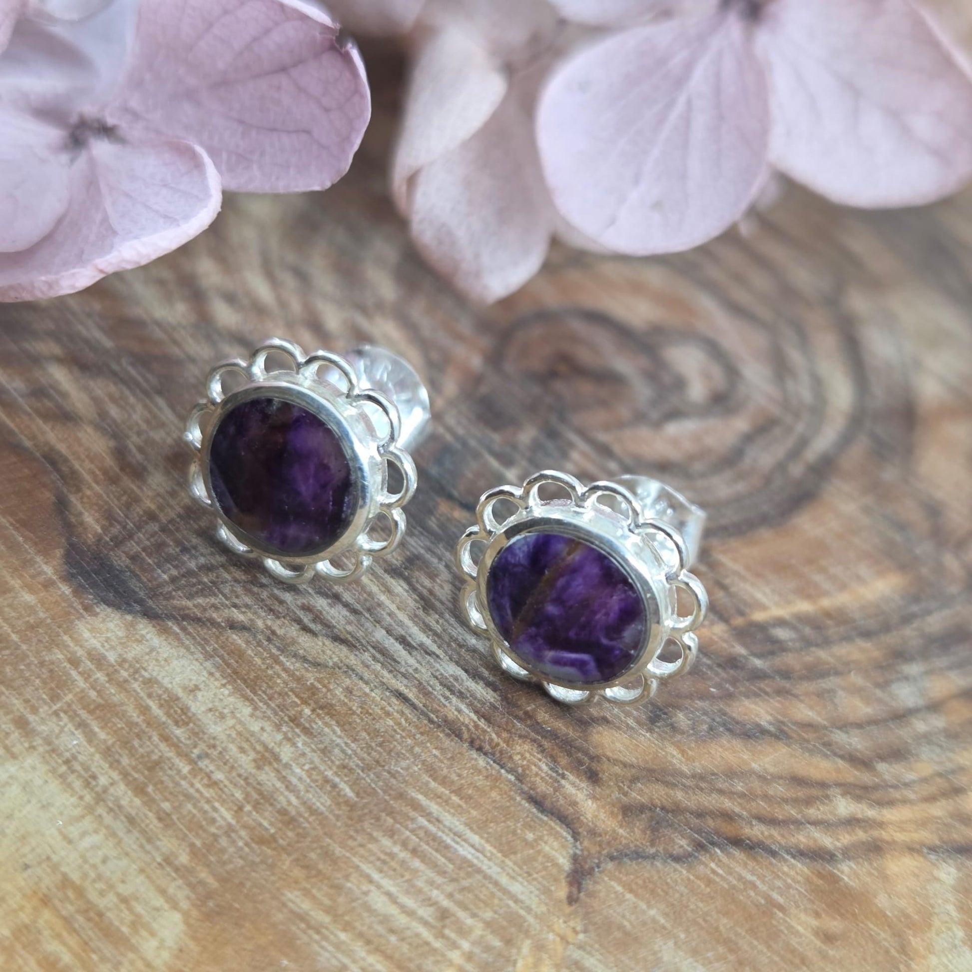 Blue John Stud Earrings: Sterling Silver, Handmade Derbyshire Jewellery Jones Stones