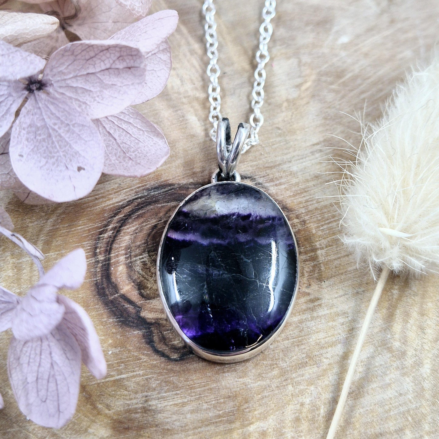 Blue John Sterling Silver Pendant: Oval Derbyshire Spar Necklace Jones Stones