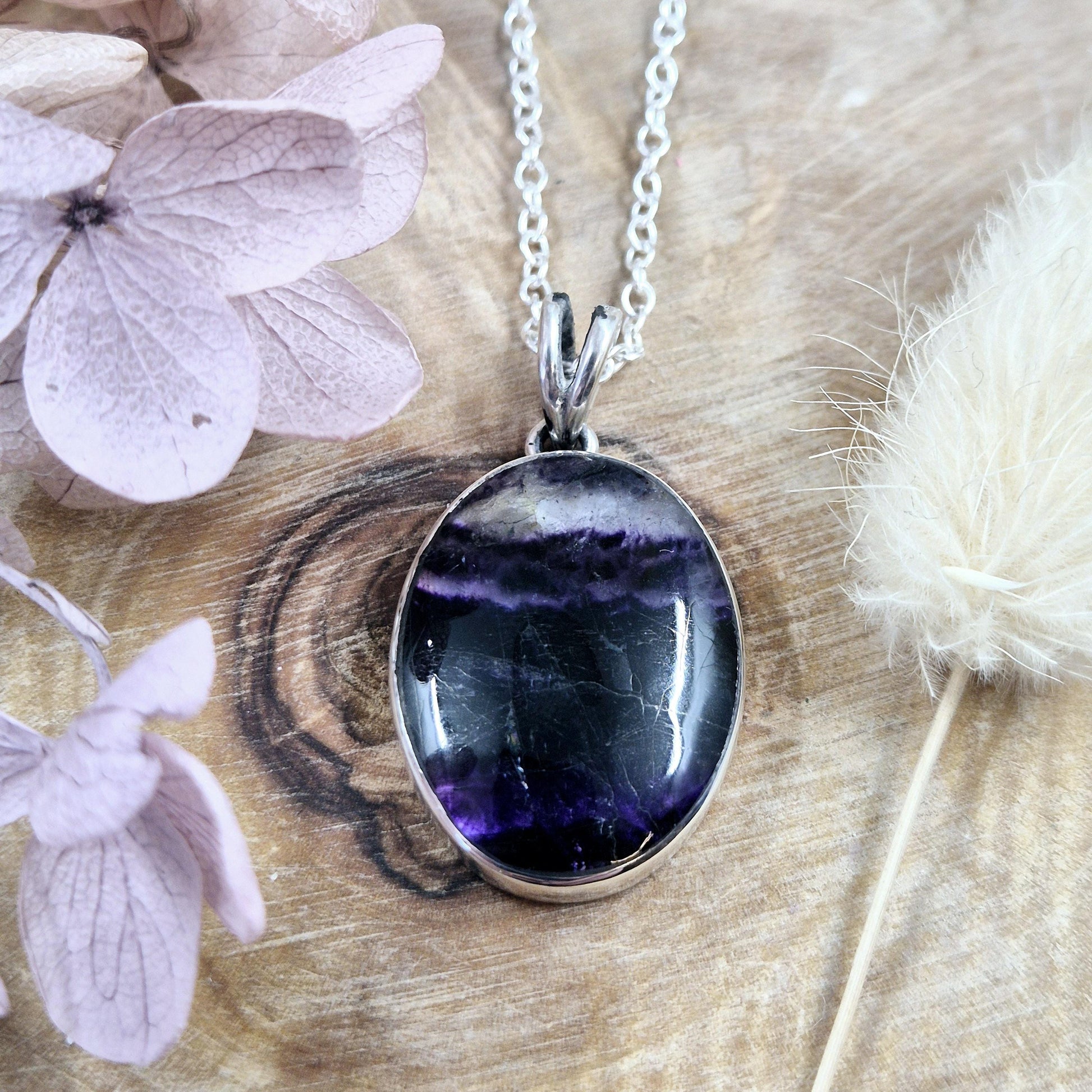 Blue John Sterling Silver Pendant: Oval Derbyshire Spar Necklace Jones Stones