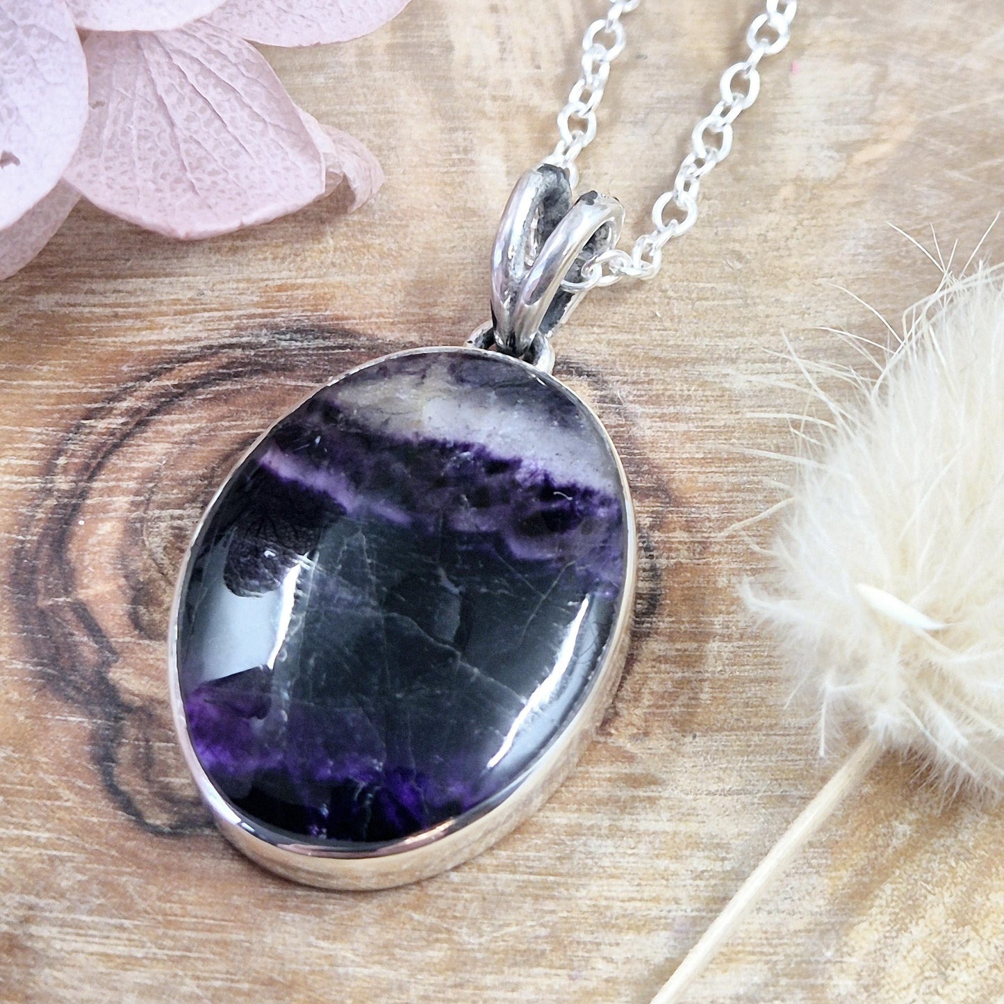 Blue John Sterling Silver Pendant: Oval Derbyshire Spar Necklace Jones Stones