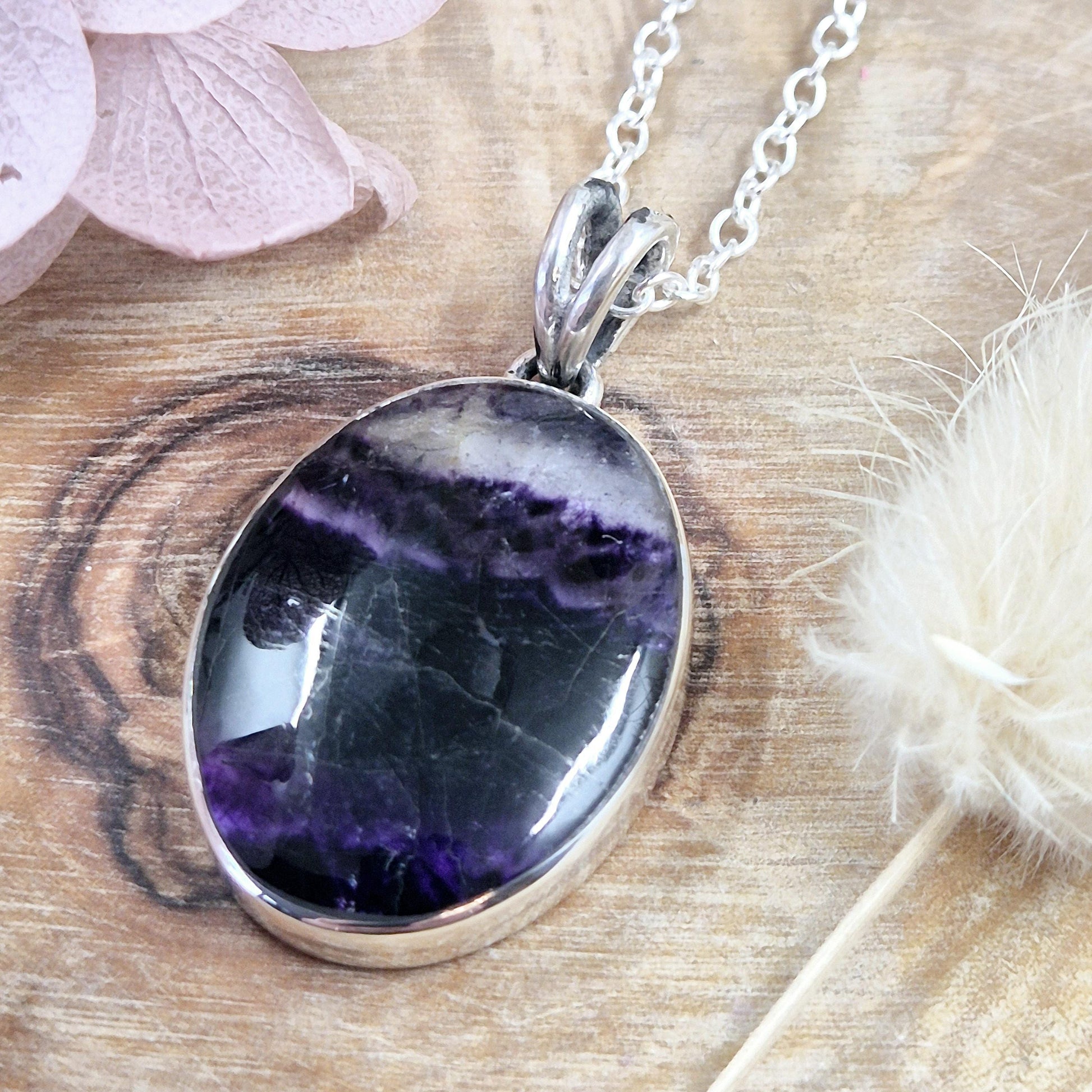 Blue John Sterling Silver Pendant: Oval Derbyshire Spar Necklace Jones Stones