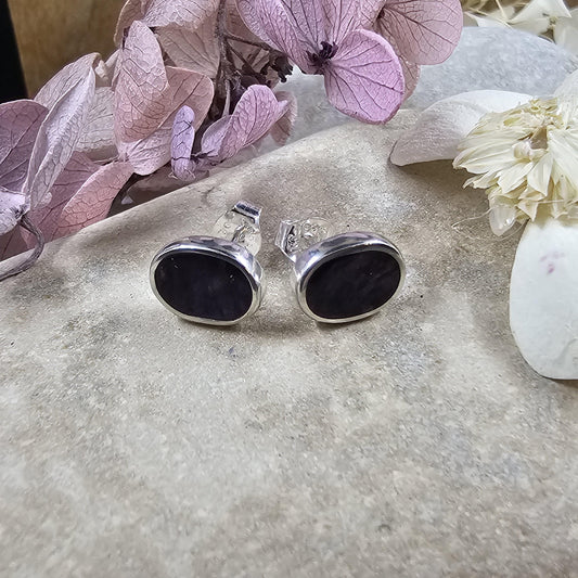 Handmade Whitby Jet Stud Earrings: Sterling Silver Oval Design Jones Stones