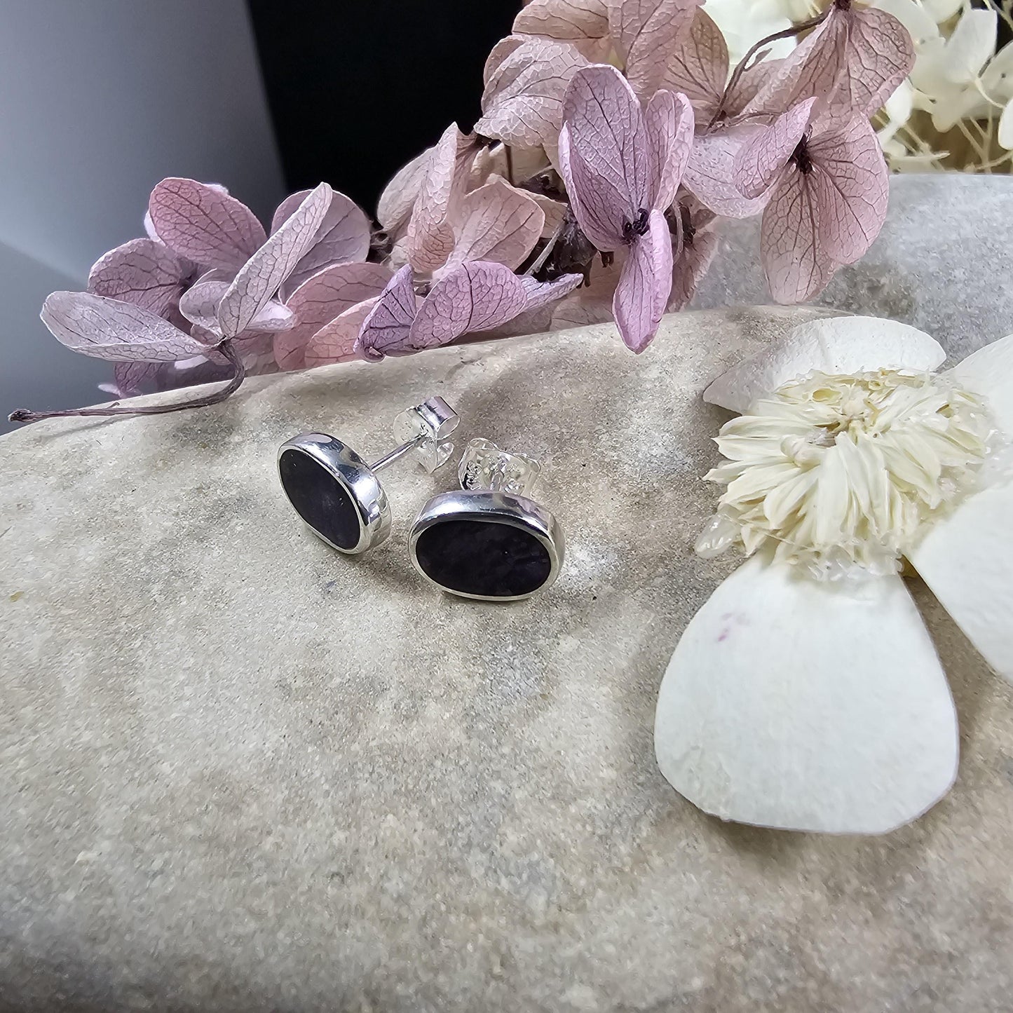 Handmade Whitby Jet Stud Earrings: Sterling Silver Oval Design Jones Stones