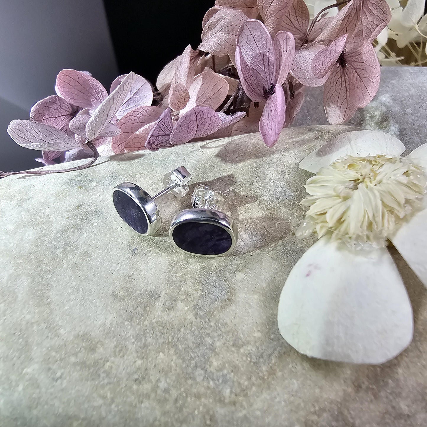 Handmade Whitby Jet Stud Earrings: Sterling Silver Oval Design Jones Stones