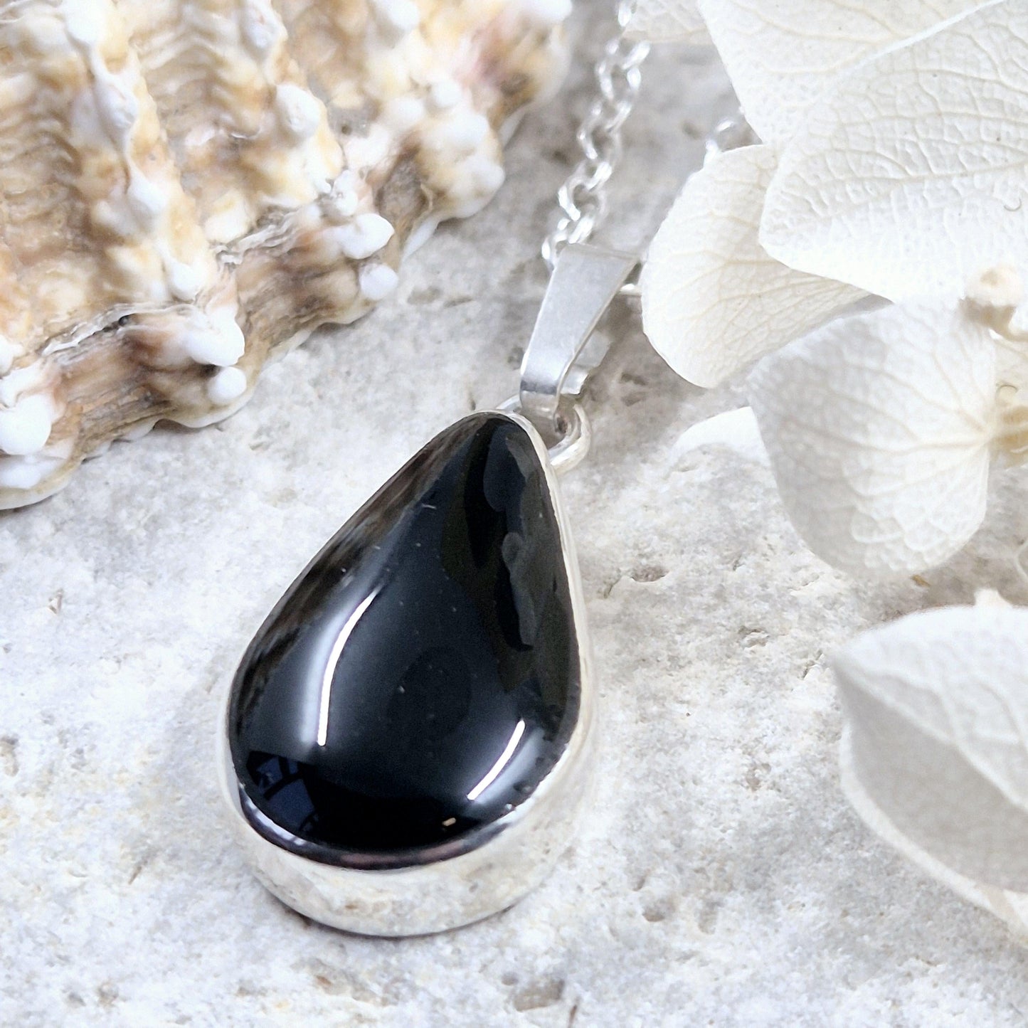 Whitby Jet Teardrop Pendant - Sterling Silver Celtic Necklace Jones Stones