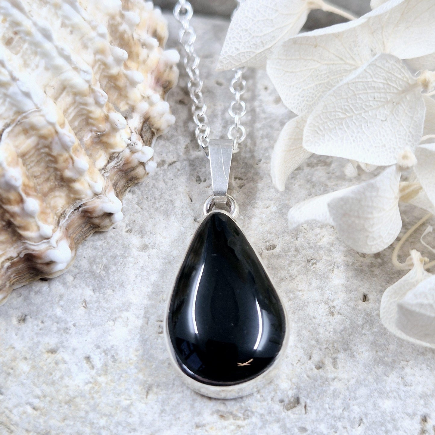 Whitby Jet Teardrop Pendant - Sterling Silver Celtic Necklace Jones Stones