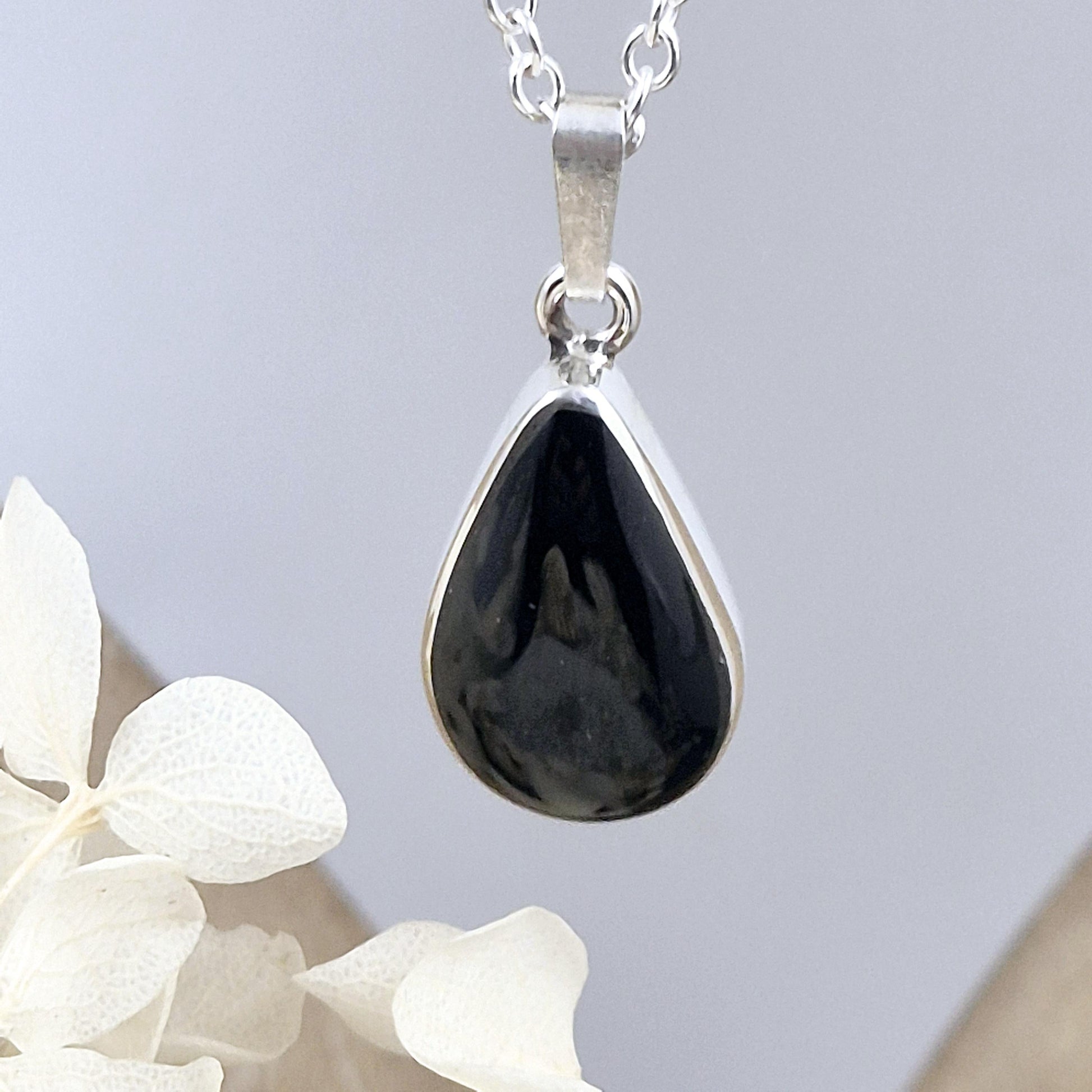 Whitby Jet Teardrop Pendant - Sterling Silver Celtic Necklace Jones Stones