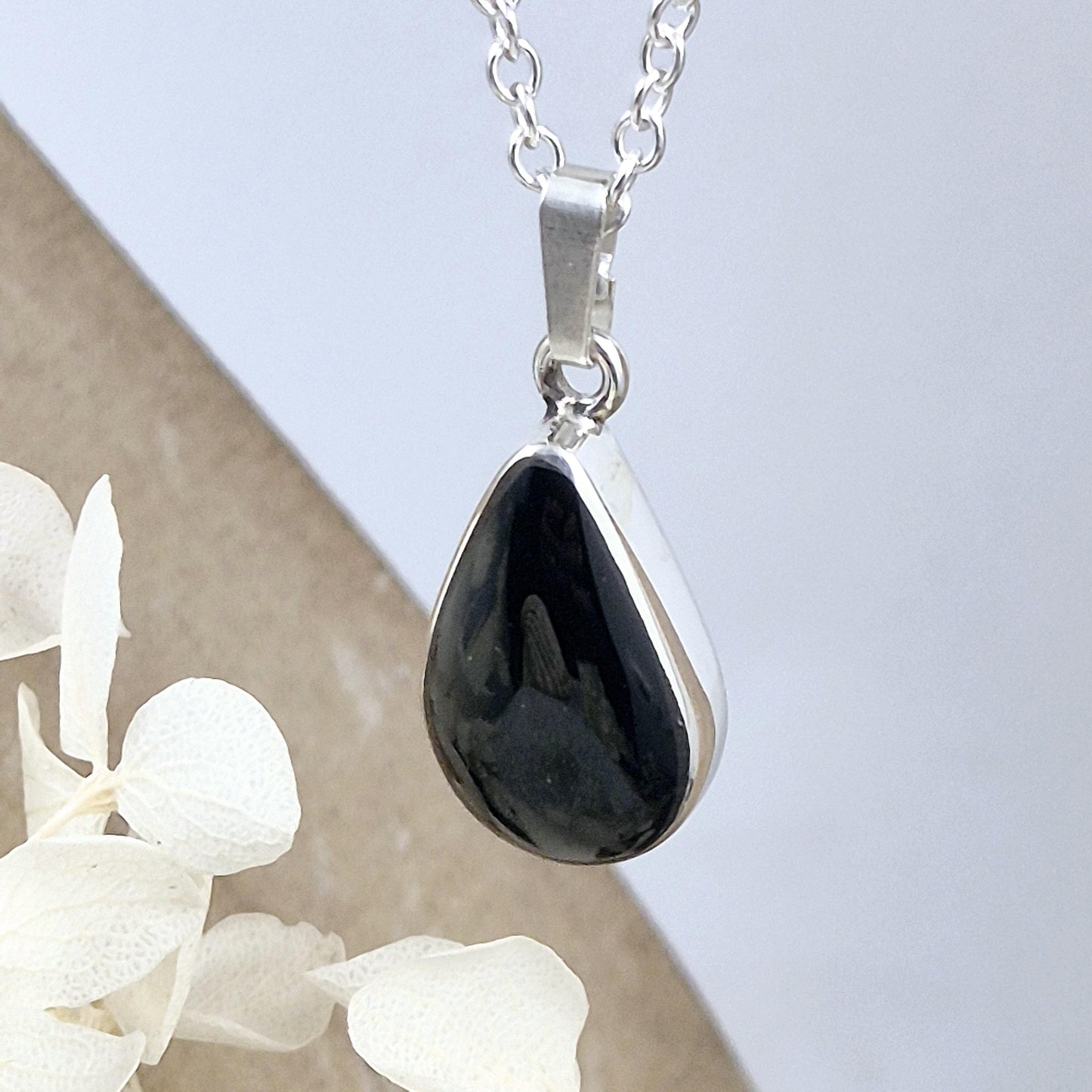 Whitby Jet Teardrop Pendant - Sterling Silver Celtic Necklace Jones Stones