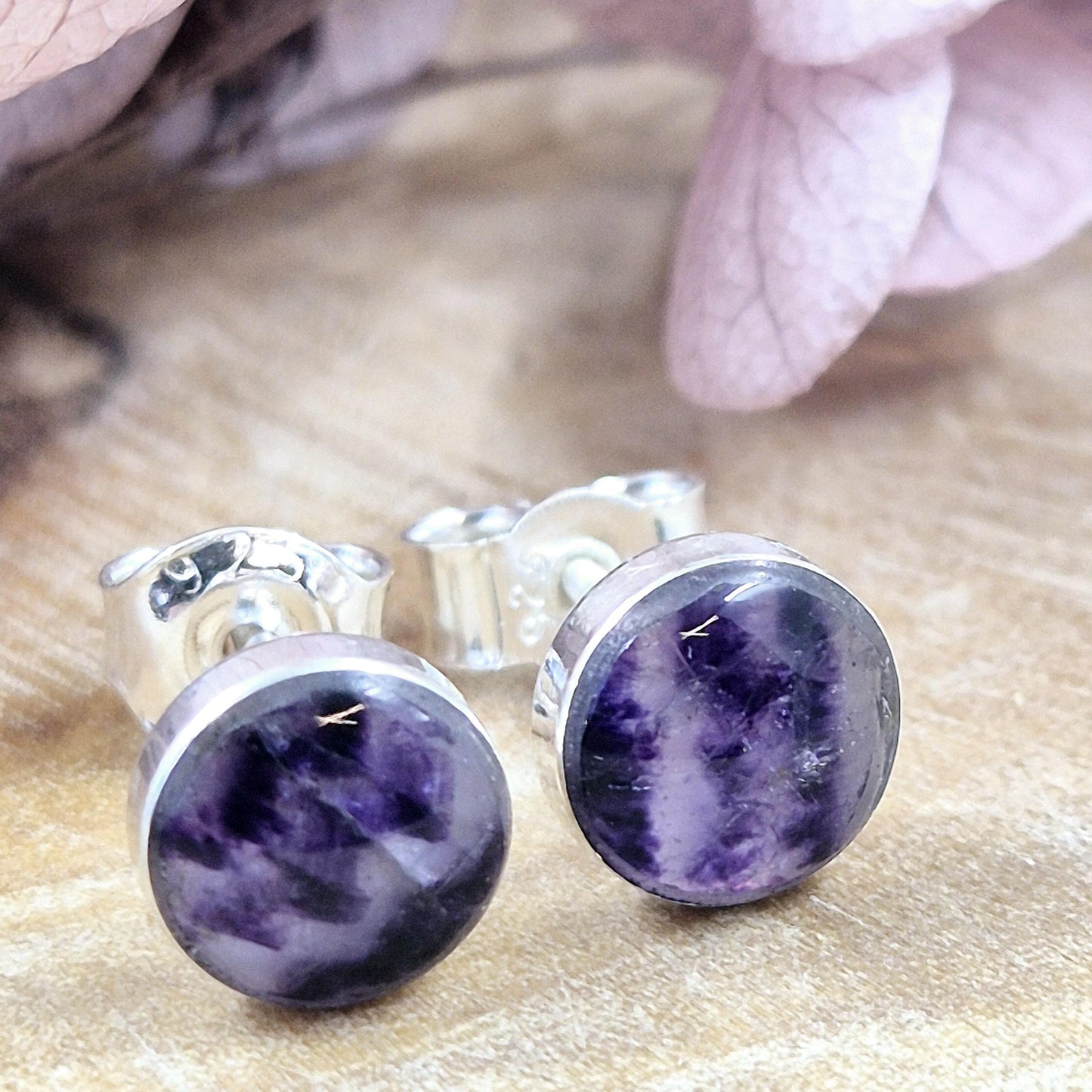 Blue John Stud Earrings: Handmade Sterling Silver 6mm Derbyshire Spar Jones Stones