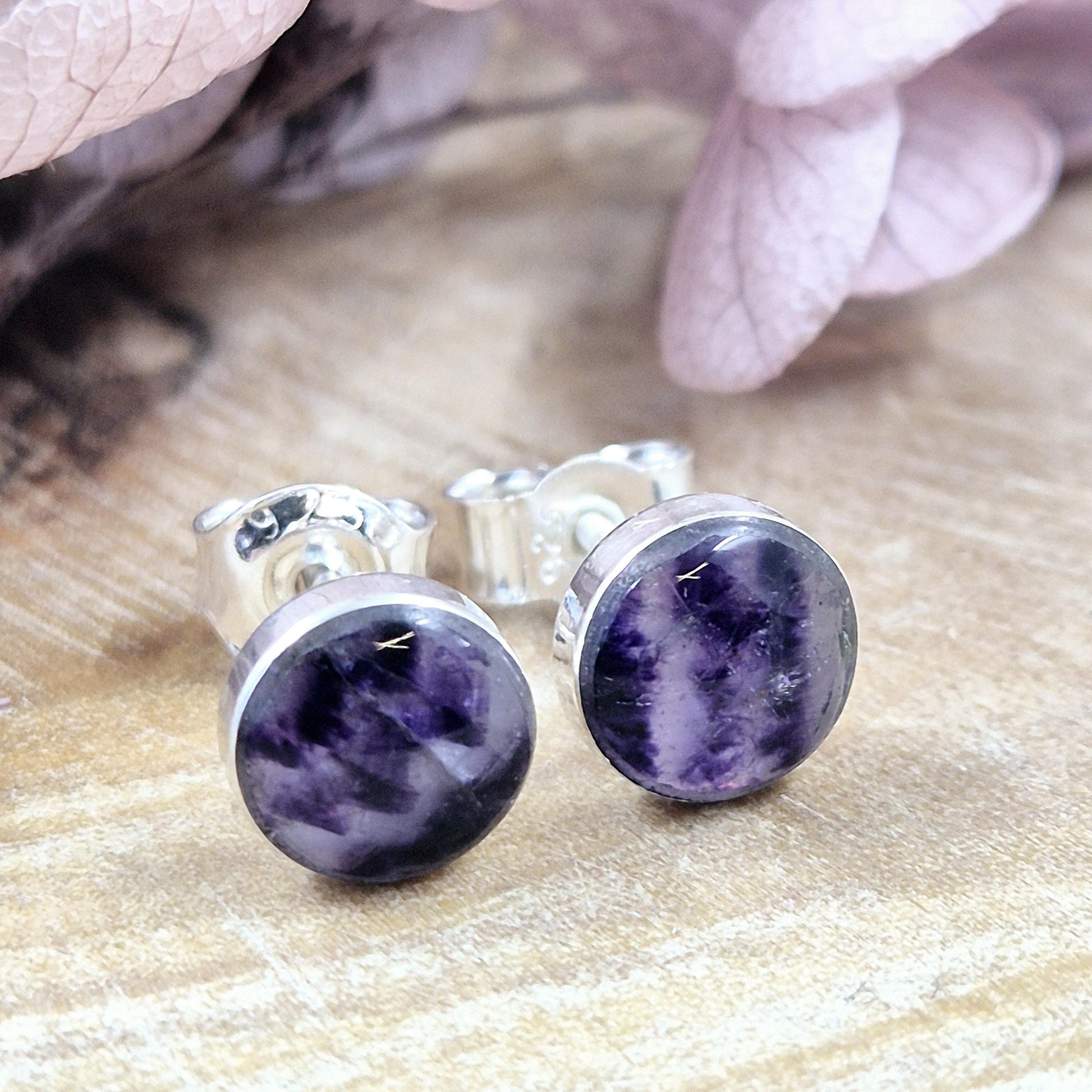 Blue John Stud Earrings: Handmade Sterling Silver 6mm Derbyshire Spar Jones Stones