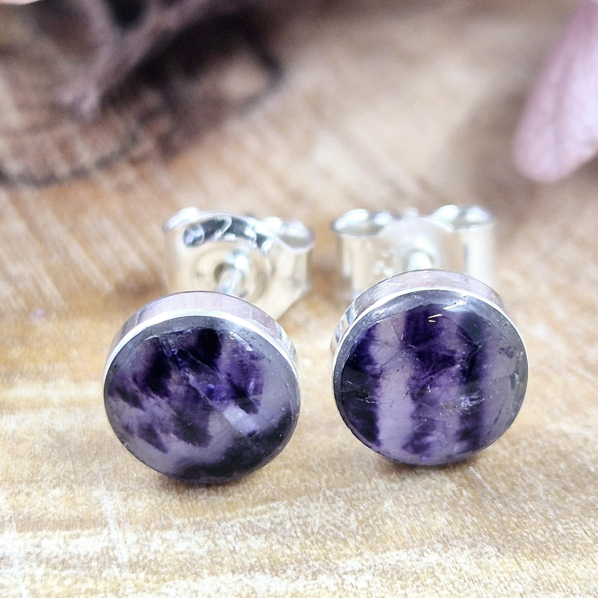 Blue John Stud Earrings: Handmade Sterling Silver 6mm Derbyshire Spar Jones Stones