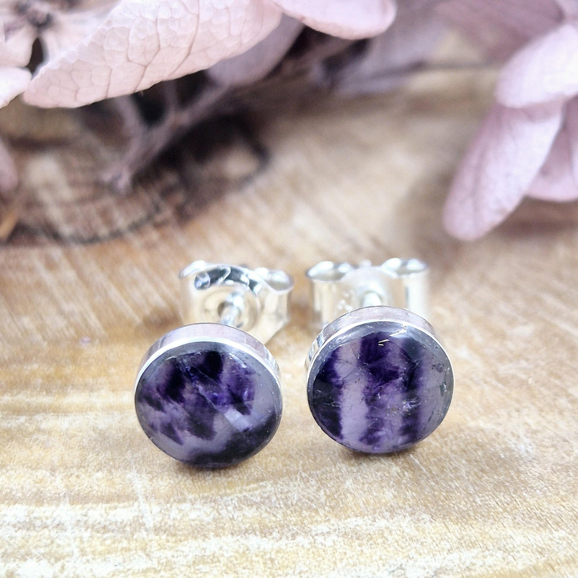 Blue John Stud Earrings: Handmade Sterling Silver 6mm Derbyshire Spar Jones Stones