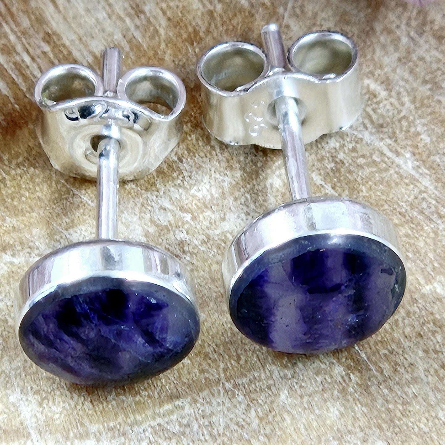 Blue John Stud Earrings: Handmade Sterling Silver 6mm Derbyshire Spar Jones Stones