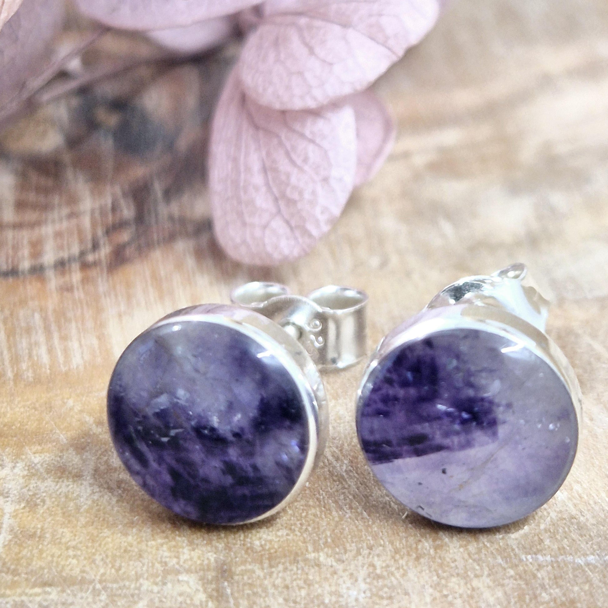 Blue John Stud Earrings: Handmade Sterling Silver, Derbyshire Spar Jones Stones