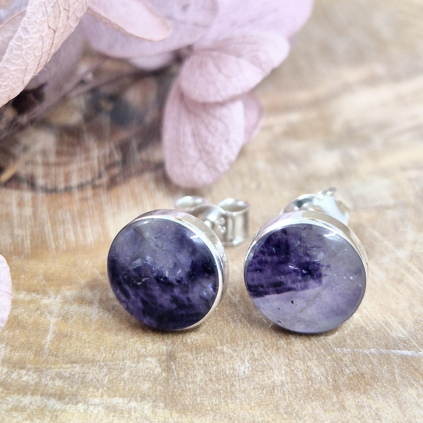 Blue John Stud Earrings: Handmade Sterling Silver, Derbyshire Spar Jones Stones