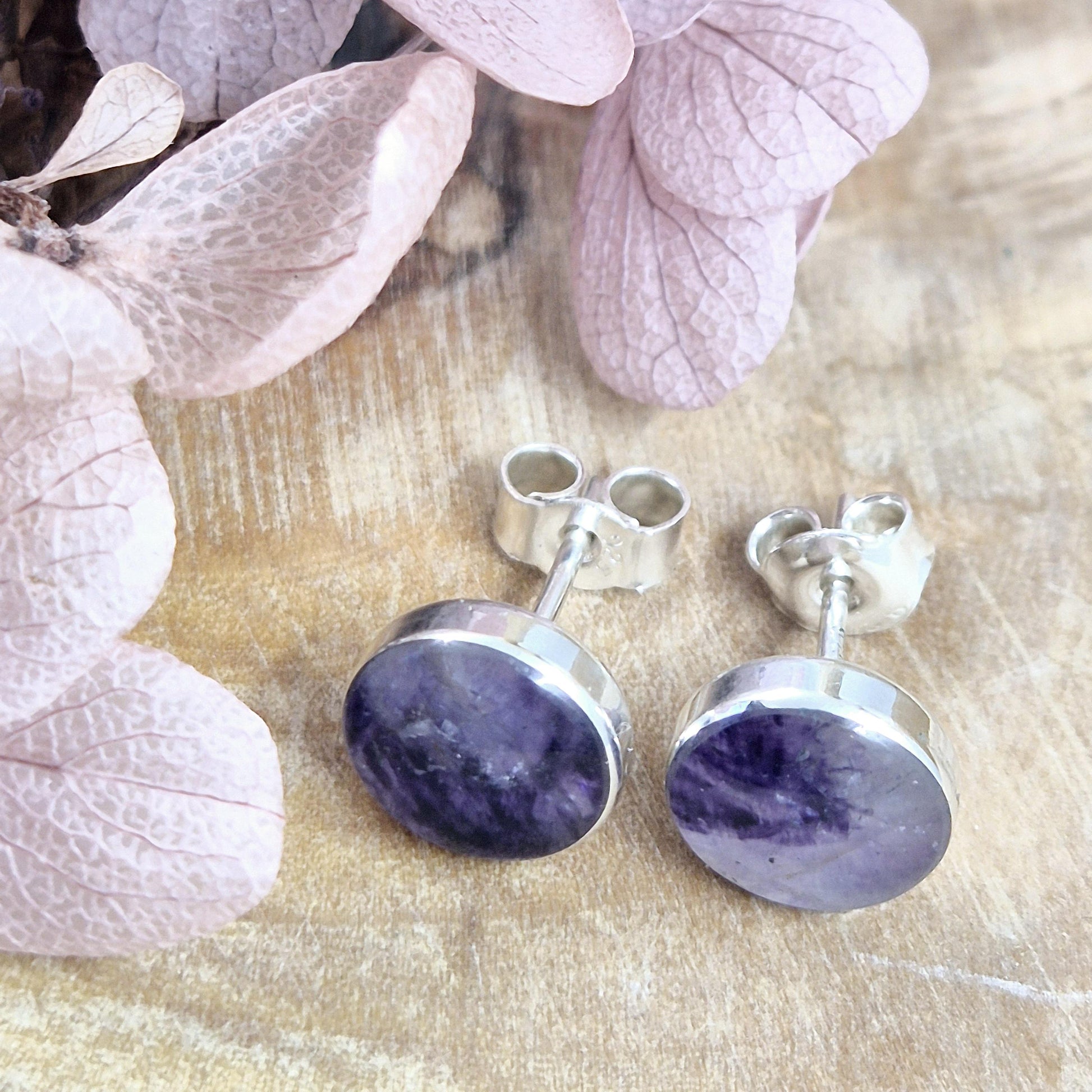 Blue John Stud Earrings: Handmade Sterling Silver, Derbyshire Spar Jones Stones