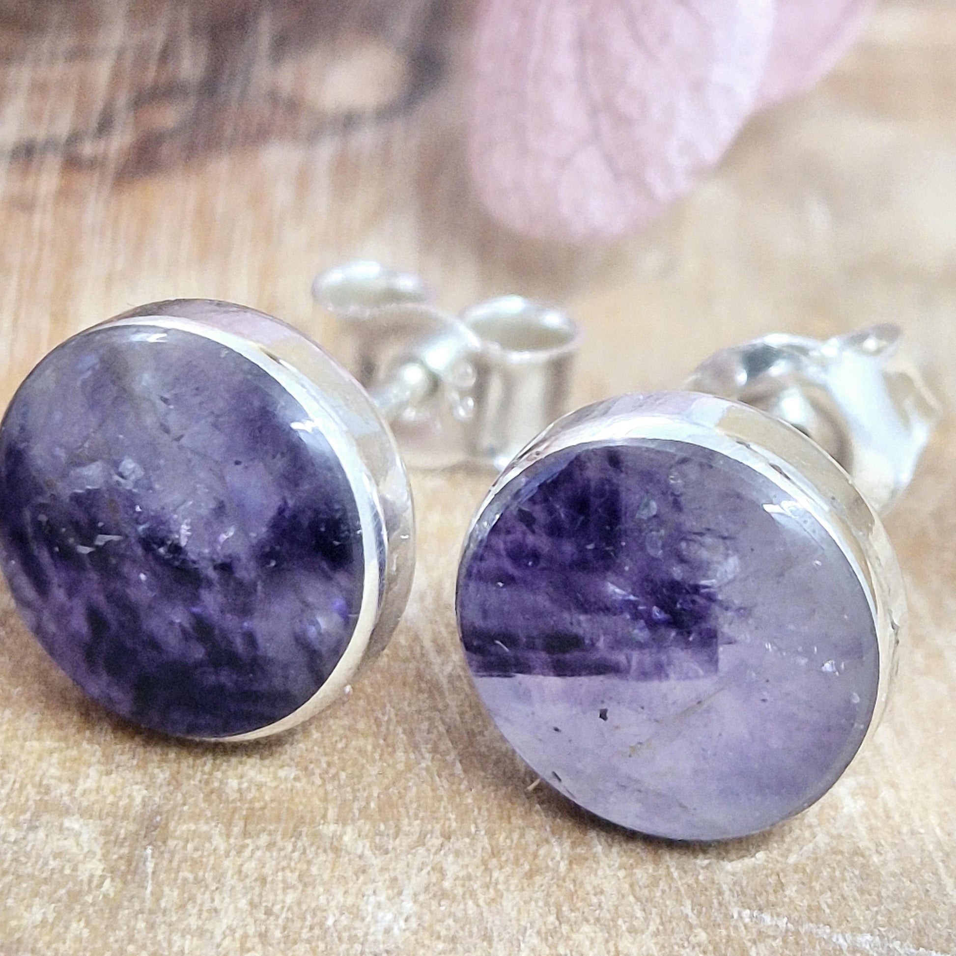 Blue John Stud Earrings: Handmade Sterling Silver, Derbyshire Spar Jones Stones