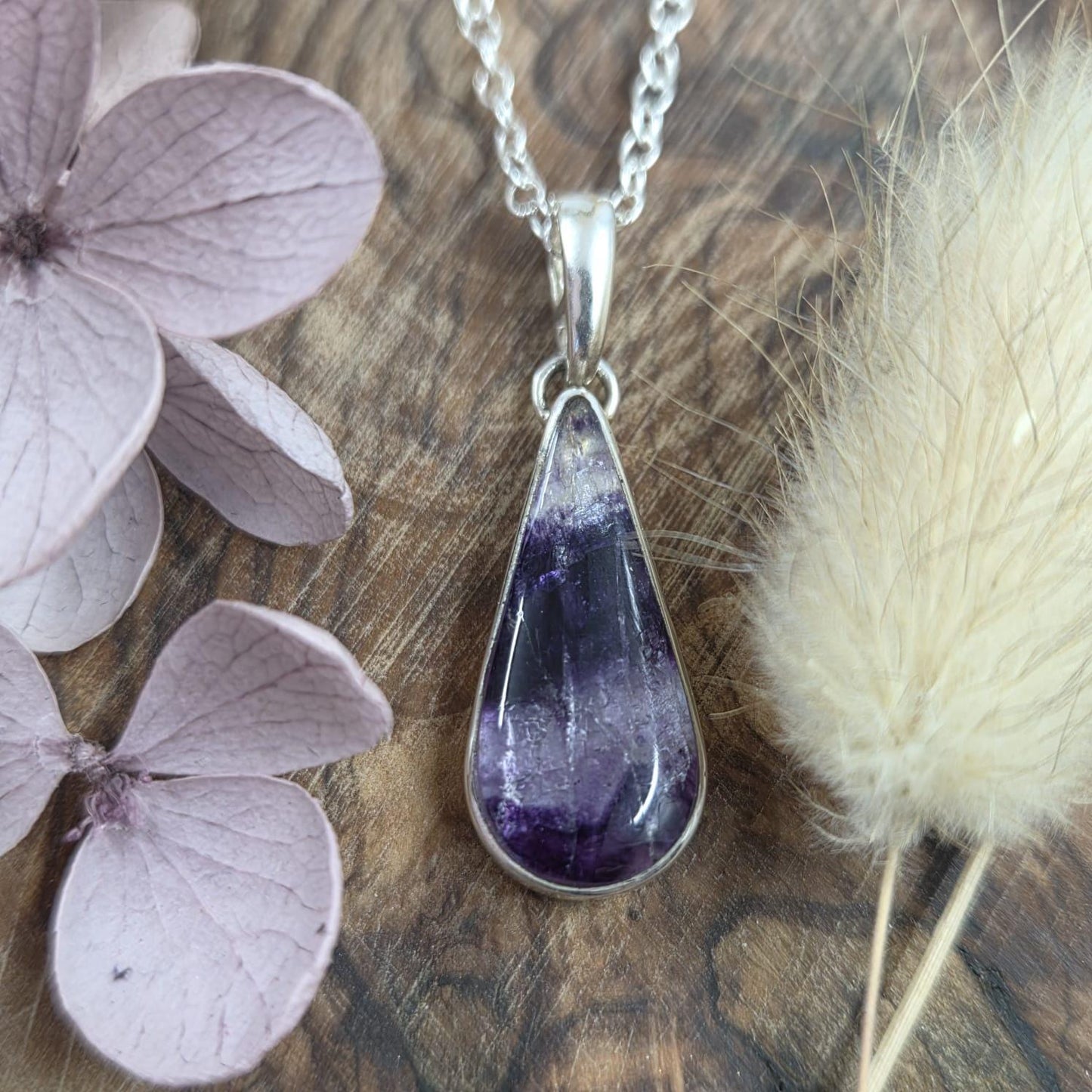 Teardrop Blue John Pendant: Sterling Silver Derbyshire Fluorite Necklace Jones Stones