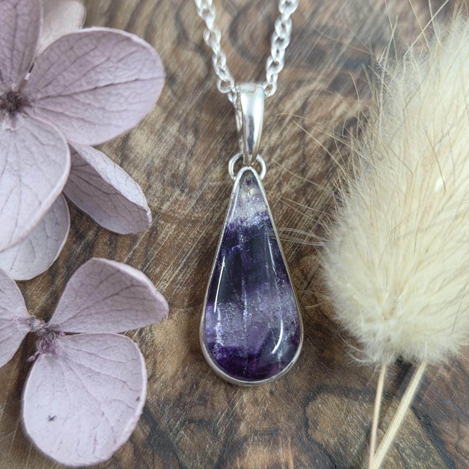 Teardrop Blue John Pendant: Sterling Silver Derbyshire Fluorite Necklace Jones Stones